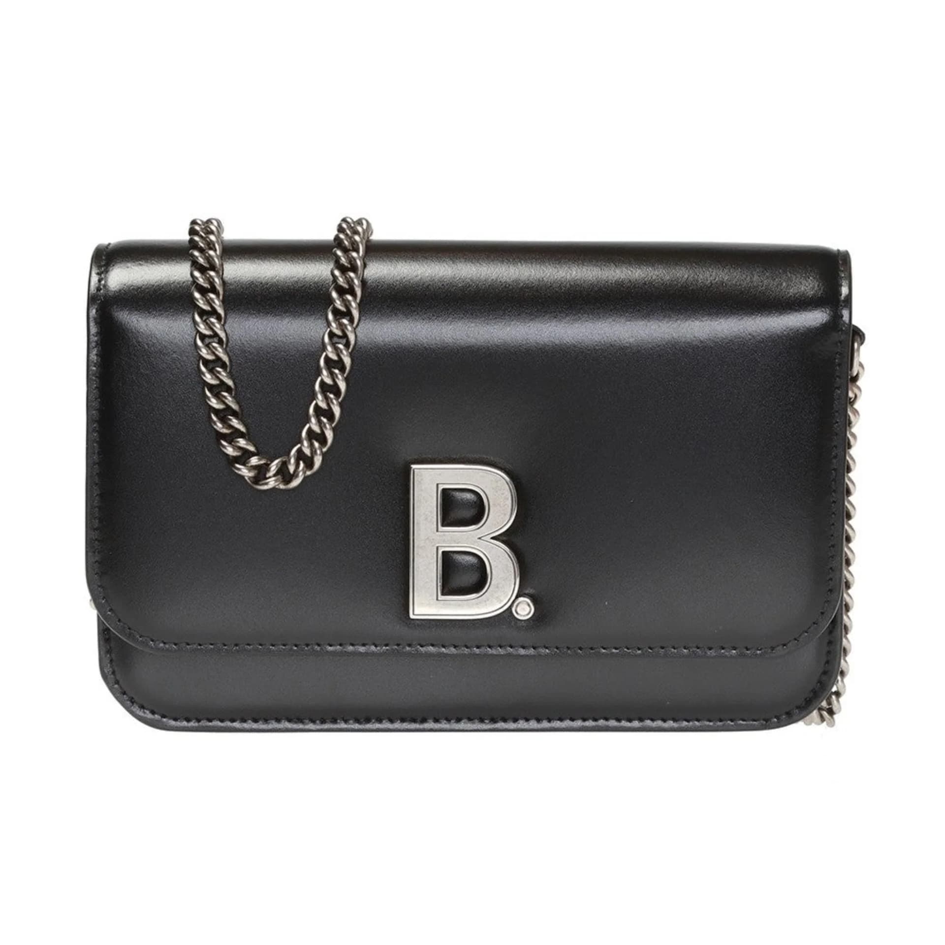 Balenciaga Black Calfskin Leather Silver Logo Chain Wallet Bag