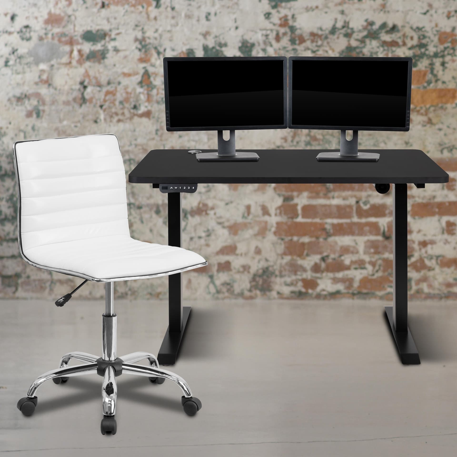 48" Wide Black Electric Adjustable Standing Desk & White Ribbed Office Chair