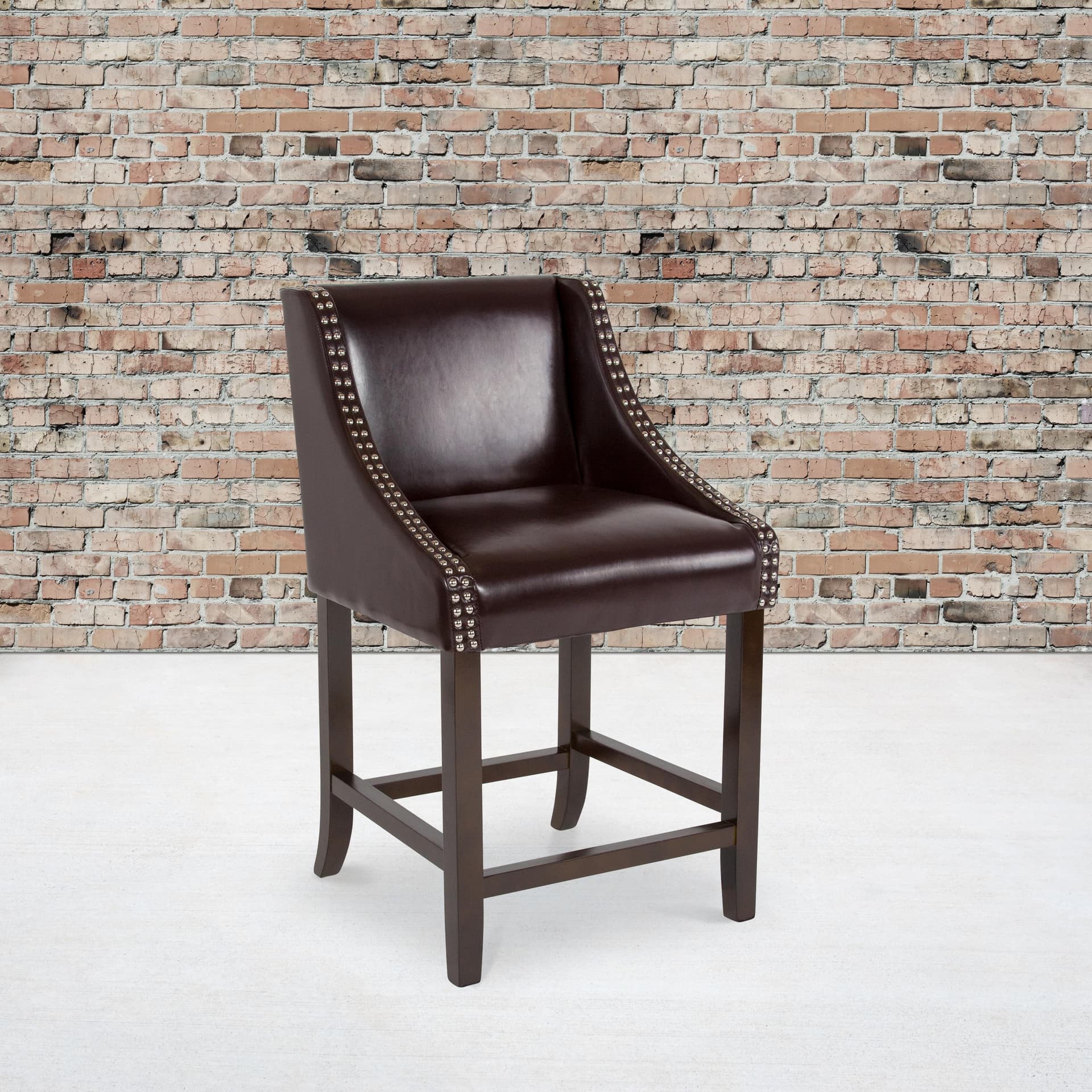 24"H Walnut Counter Stool with Accent Nail Trim - Brown LeatherSoft