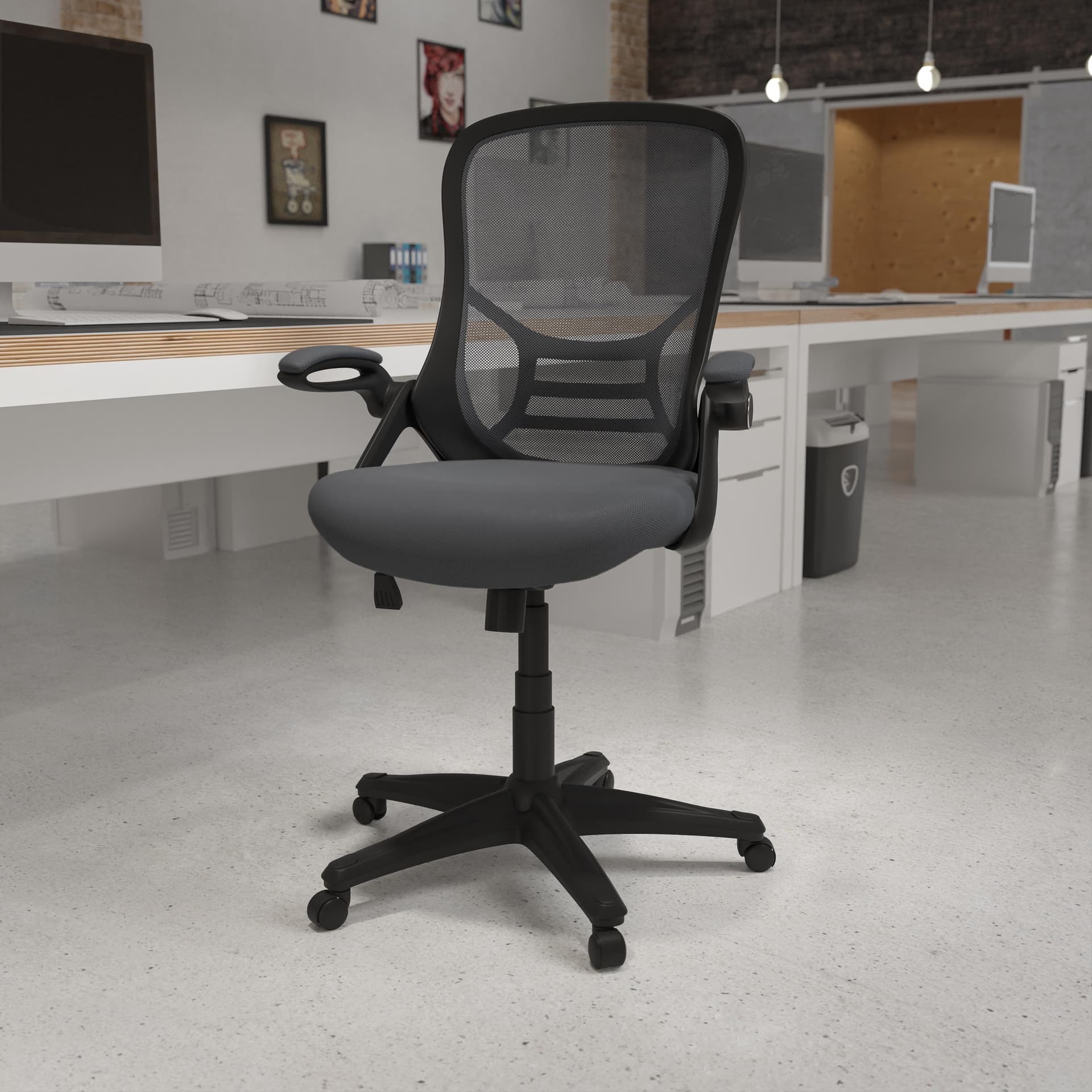 High Back Dark Gray Mesh Ergonomic Office Chair w/ Black Frame and Flip-up Arms