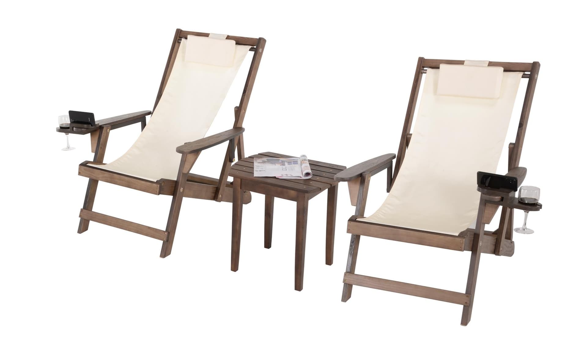 Romantic Collection - 2 Canvas Sling Chairs w/Beverage Holder & 1 End Table - Dark Brown, Beige