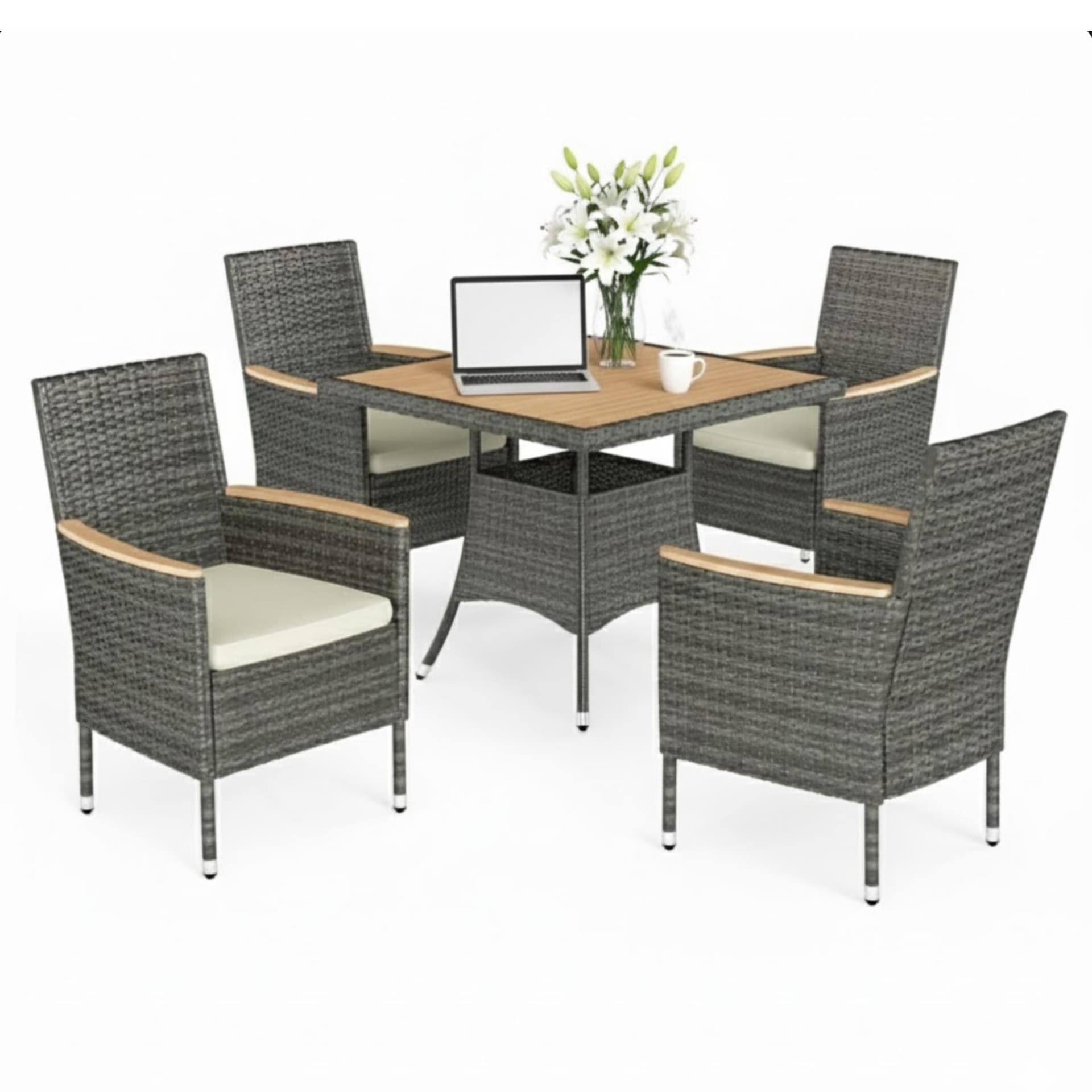 5-Piece All-Weather Rattan Patio Dining Set - Gray w/Acacia Wood Table - Brown