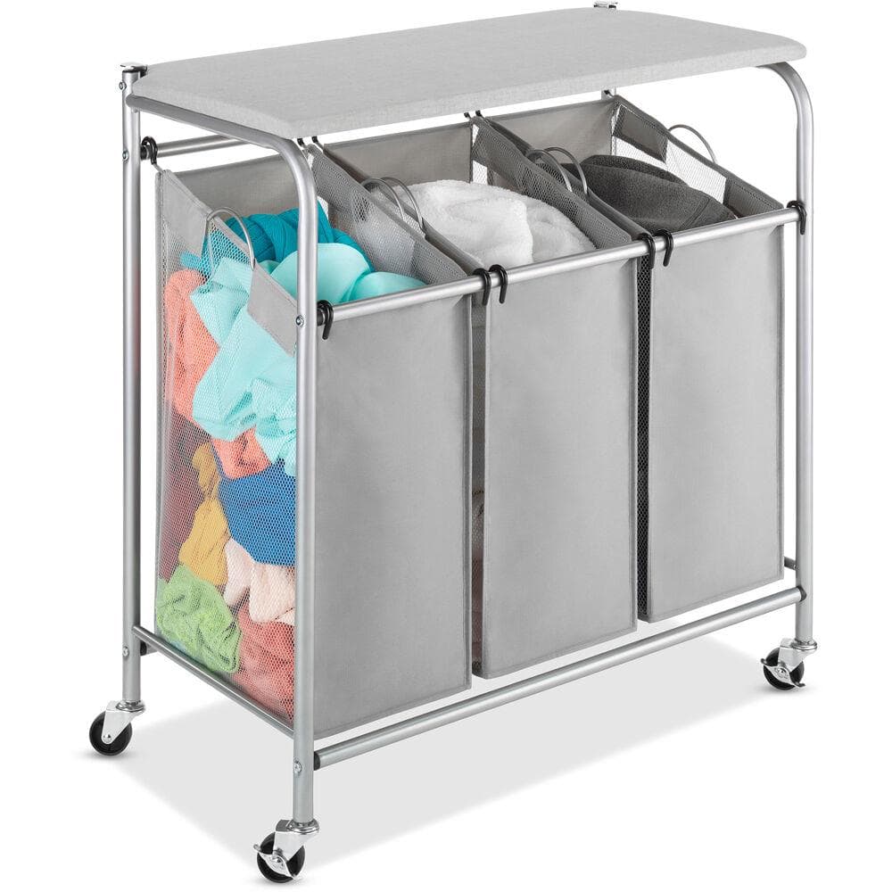 3 Section Rolling Laundry Sorter W/ Ironing and Folding Table