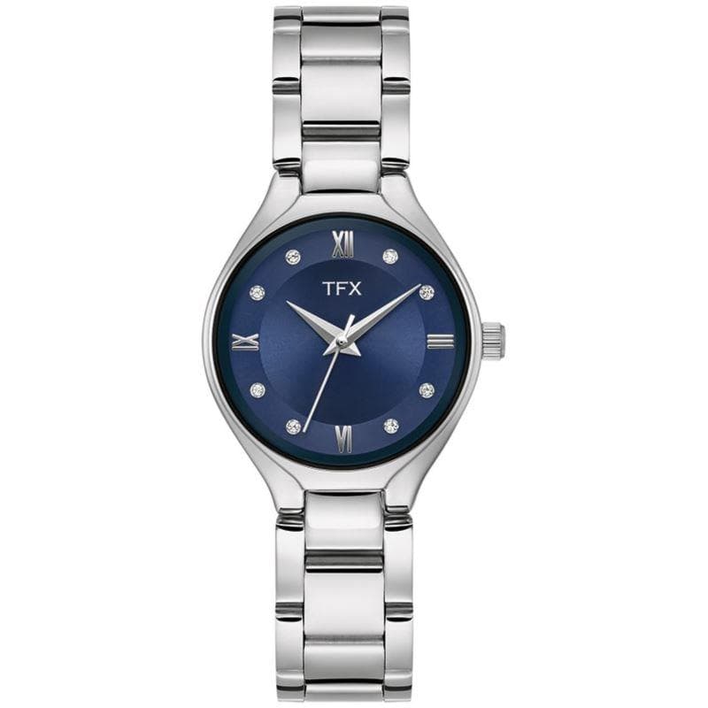 Ladies' TFX Silver-Tone Stainless Steel Watch w/ Crystal Markers Navy Dial