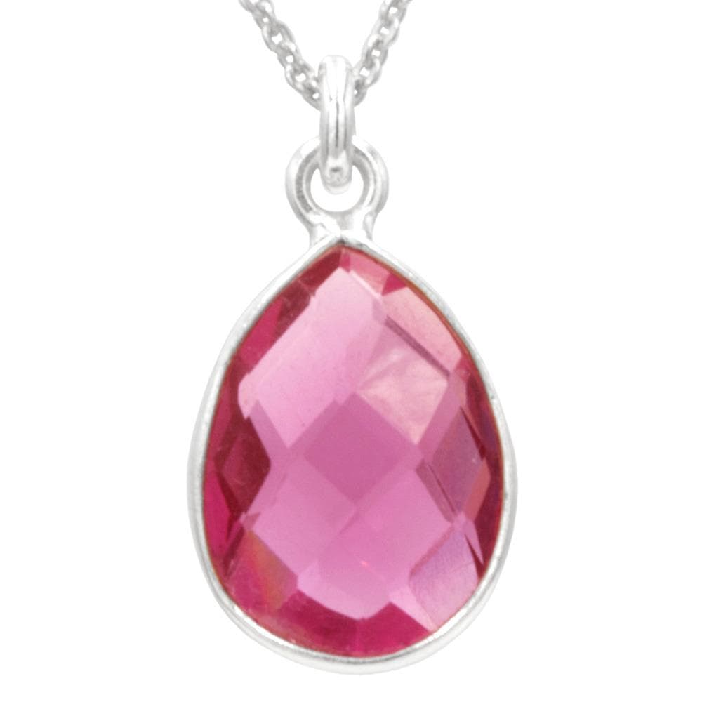 Antwerp's Teardrop Pink Quartz Necklace is bezel set with solitaire pear shaped pink q, 14 x 10 mm