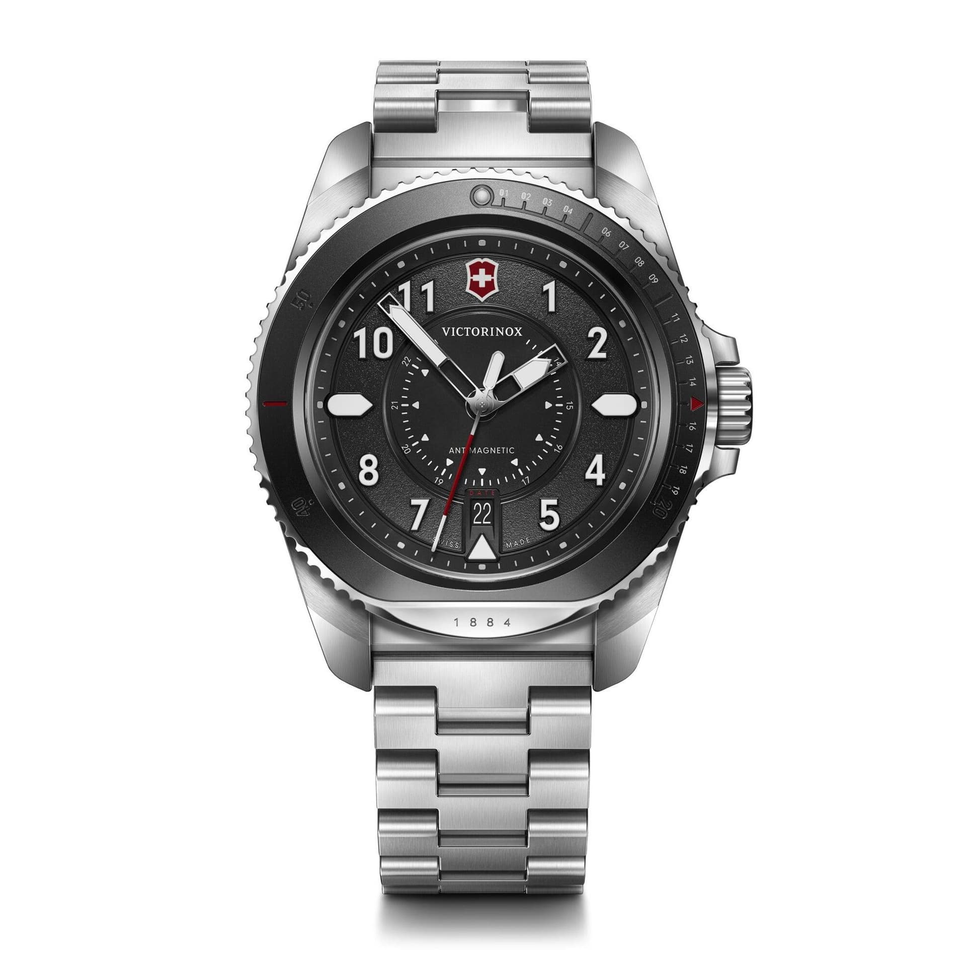 Journey 1884 43mm, silver stainless steel case, black bezel and dial - stainless steel bracelet