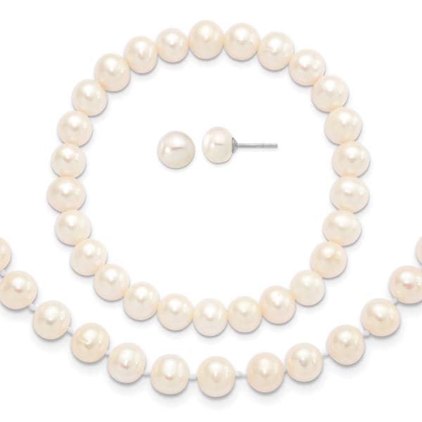 Sterling Silver 7-8mm White Freshwater Cultured Pearl Earring Bracelet Necklace Set