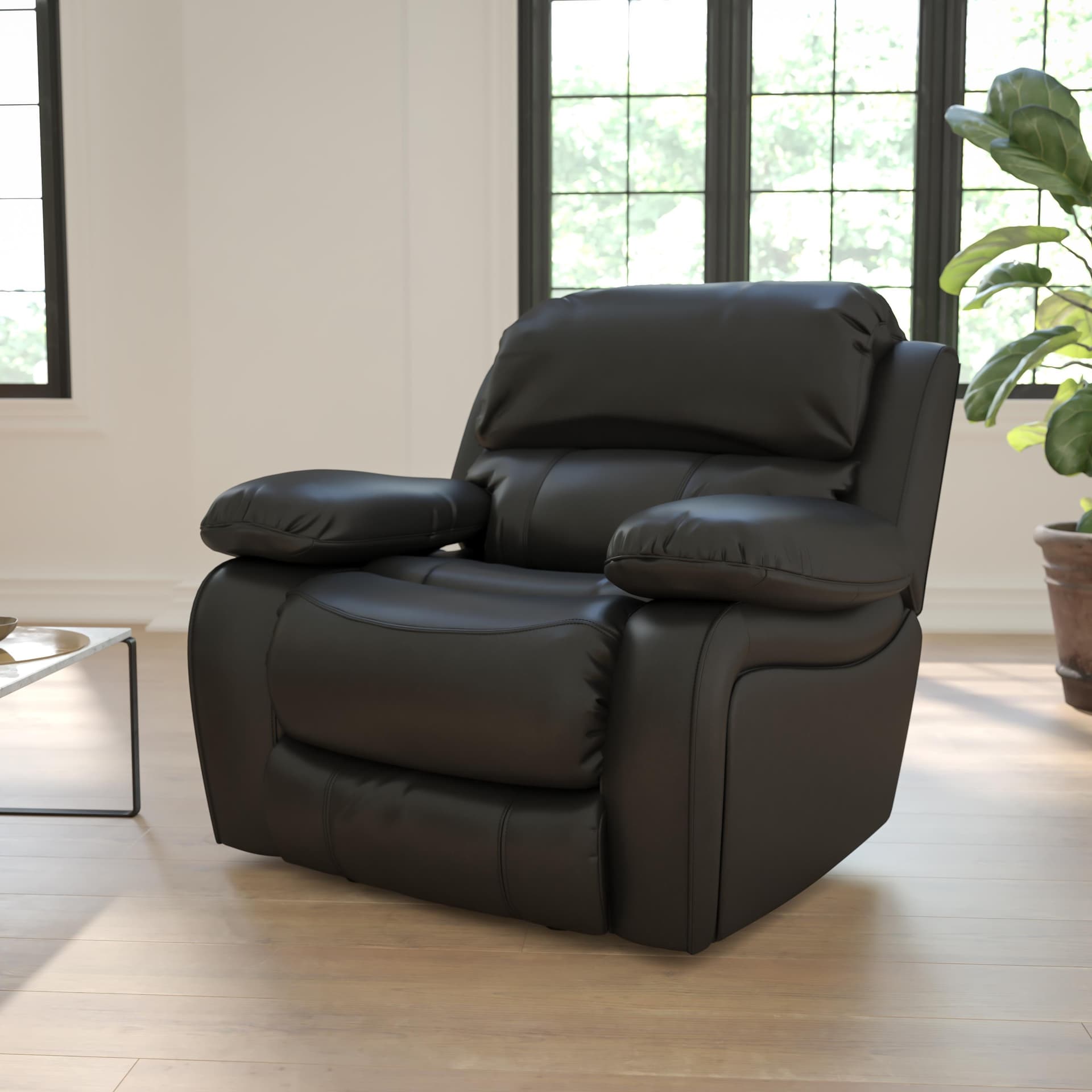 Black LeatherSoft Rocker Recliner with Bustle Back Cushions and Padded Arms