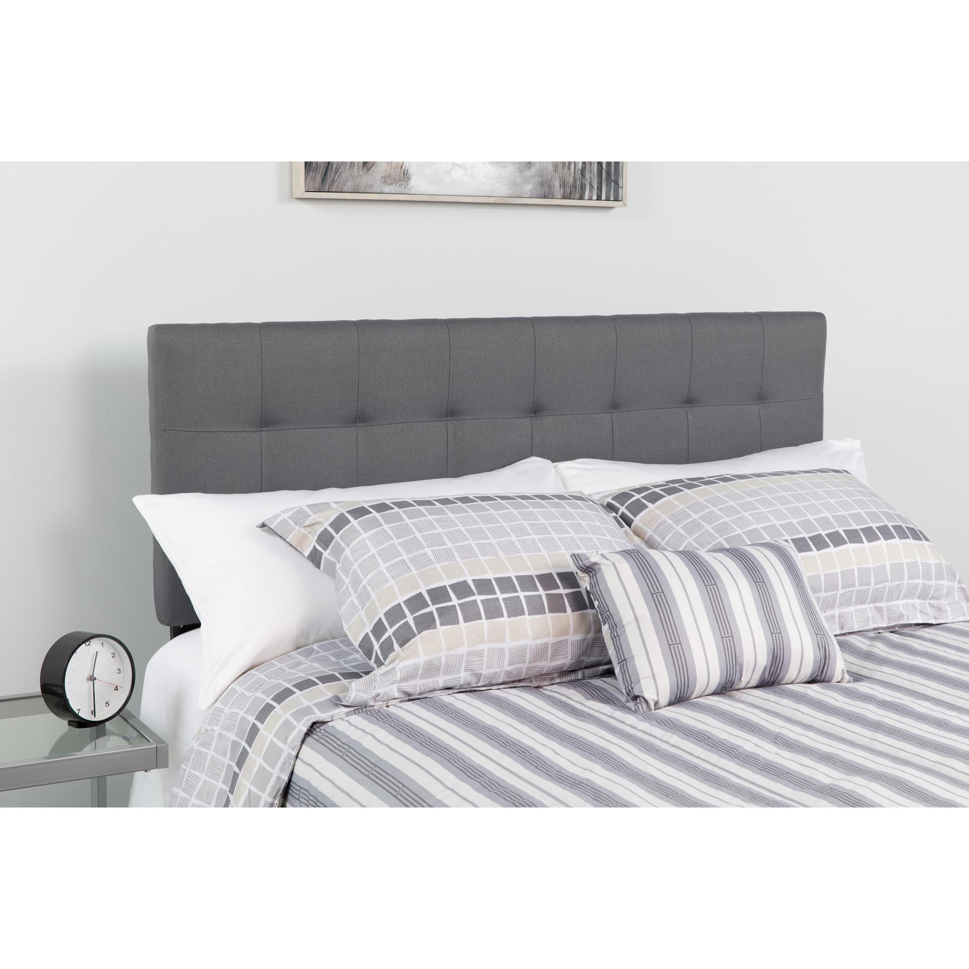 Quilted Tufted Upholstered Queen Size Headboard in Dark Gray Fabric