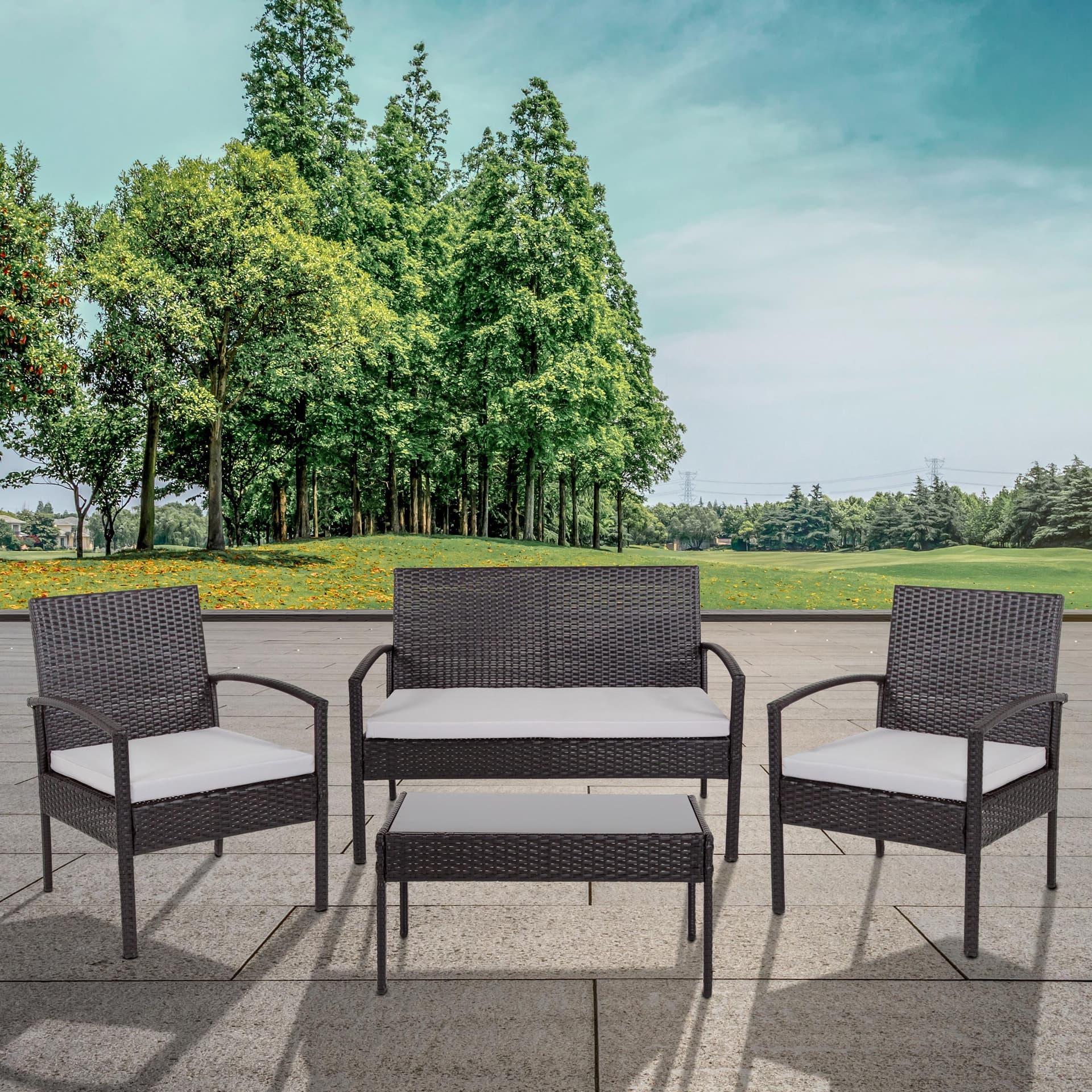 4 Piece Black Patio Set with Steel Frame and Gray Cushions