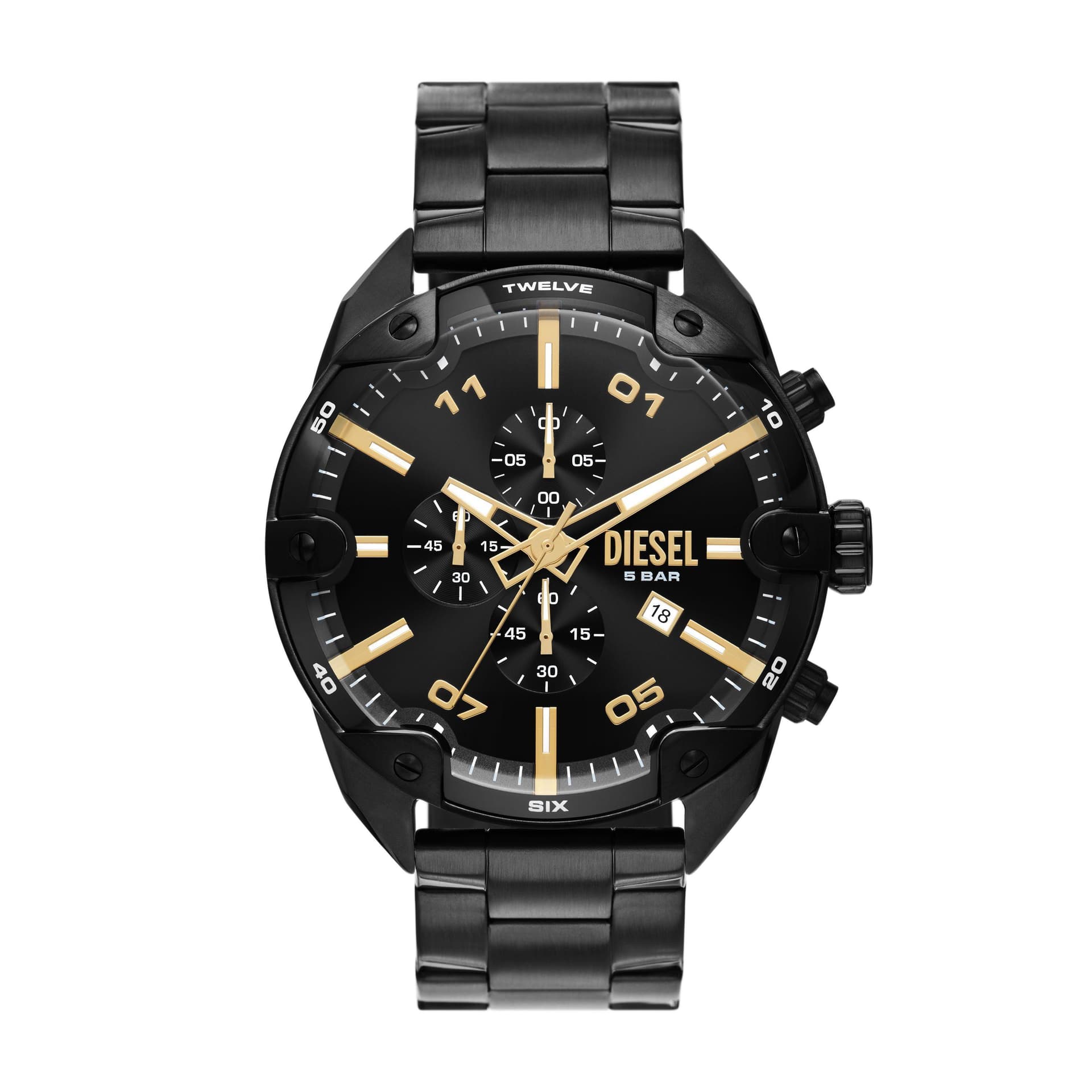 Mens Spiked Chronograph Black Stainless Steel Watch Black Dial