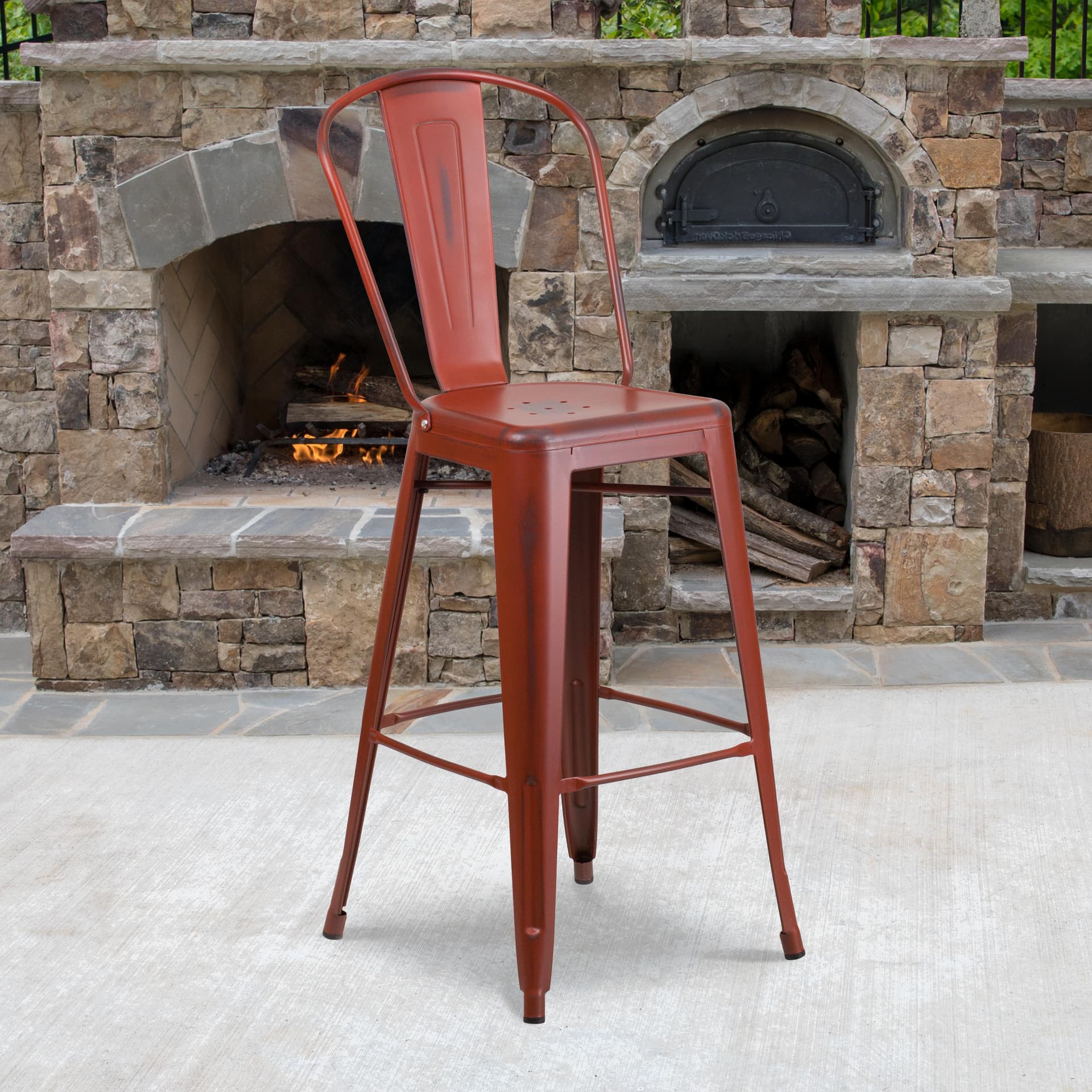 30" High Distressed Kelly Red Metal Indoor-Outdoor Barstool with Back