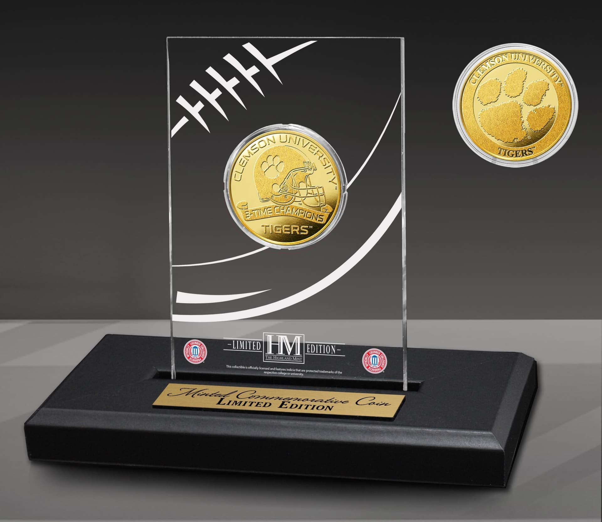 Clemson University Tigers 3X Champions Gold Coin Acrylic