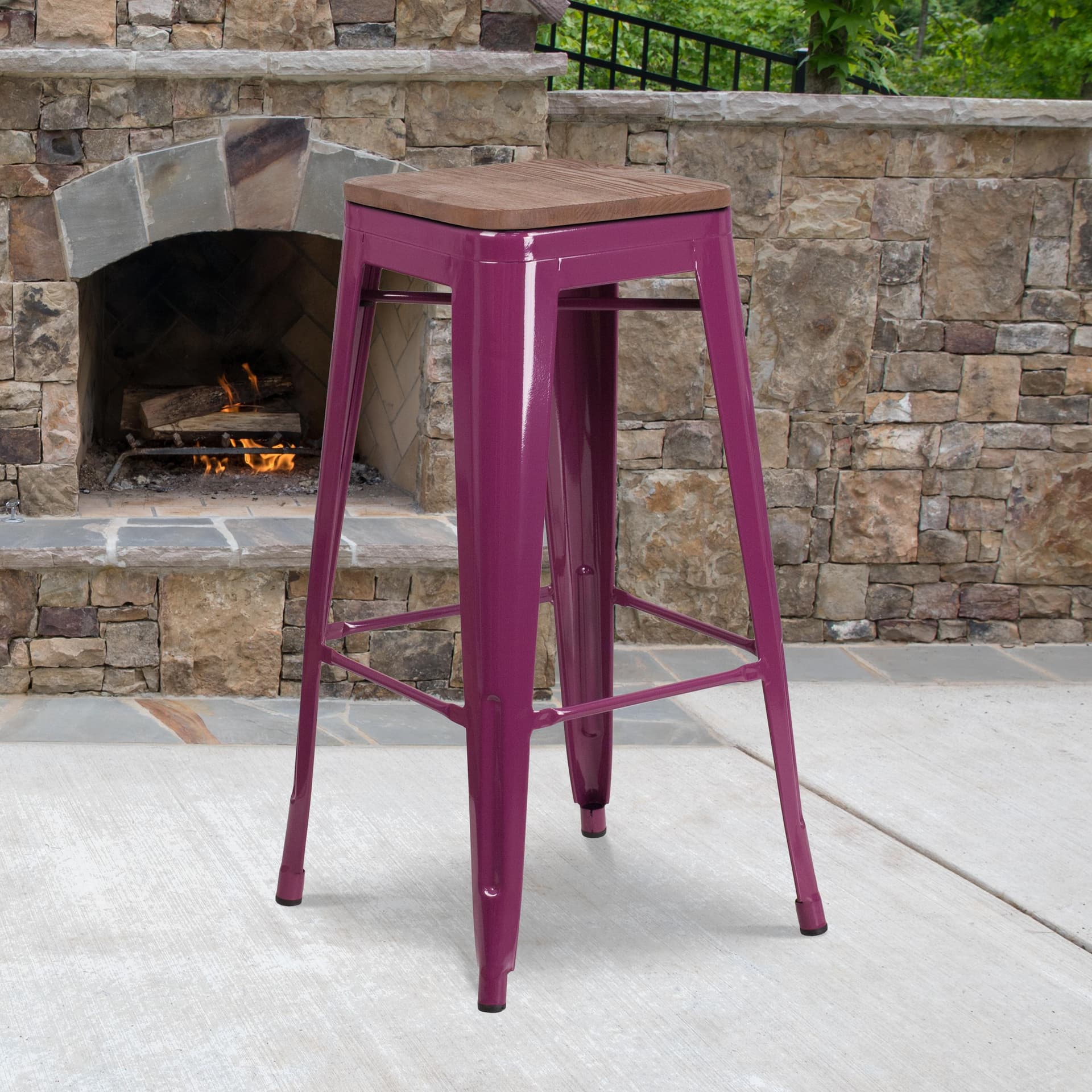 30" High Backless Purple Barstool with Square Wood Seat - Patio Chair