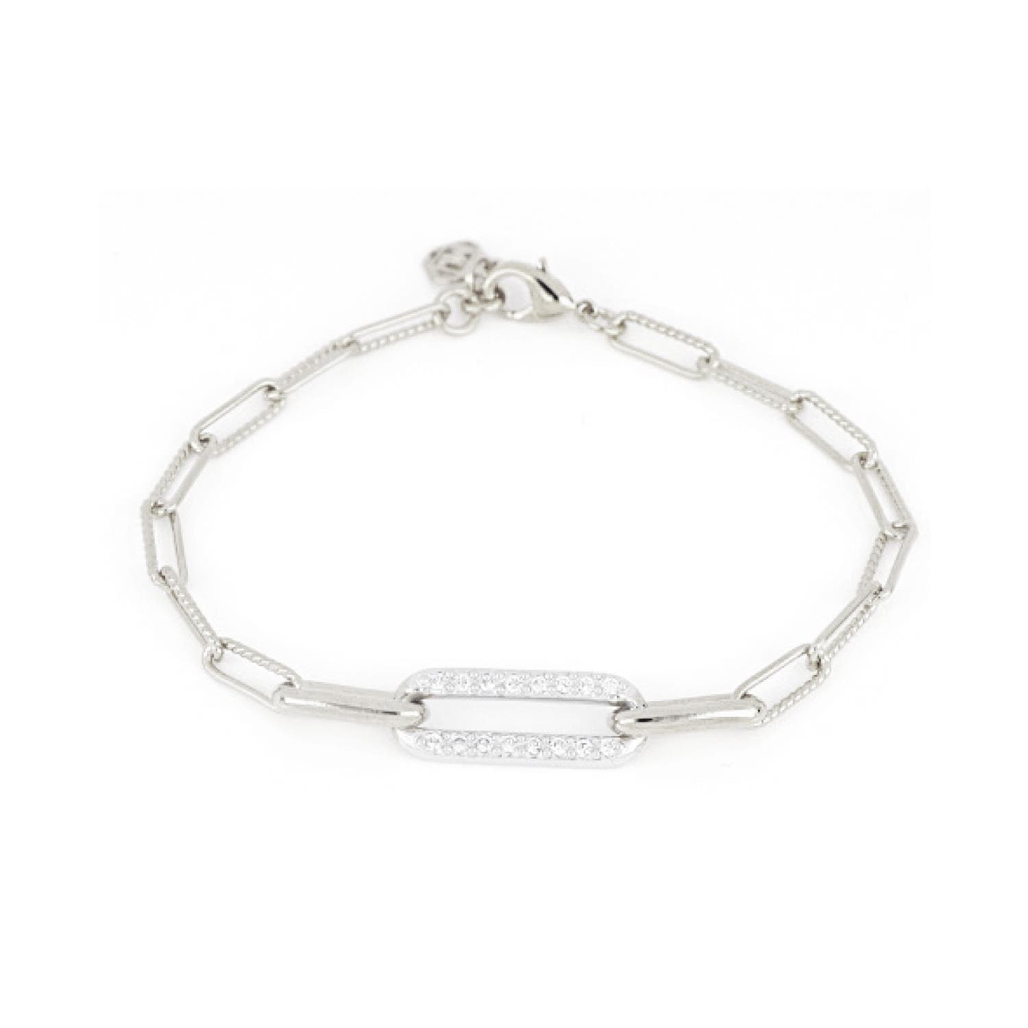 Diamante Large Pave Link Bracelet 8" long, adjustable - Lobster claw closure - Rhodium