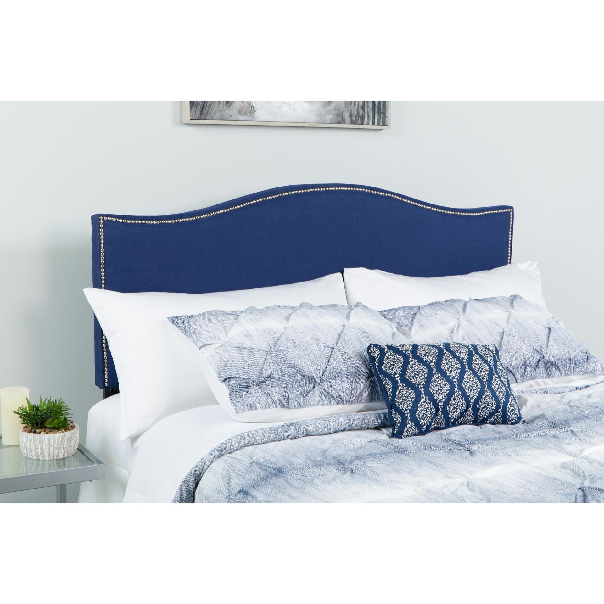 Upholstered Twin Size Arched Headboard with Accent Nail Trim in Navy Fabric