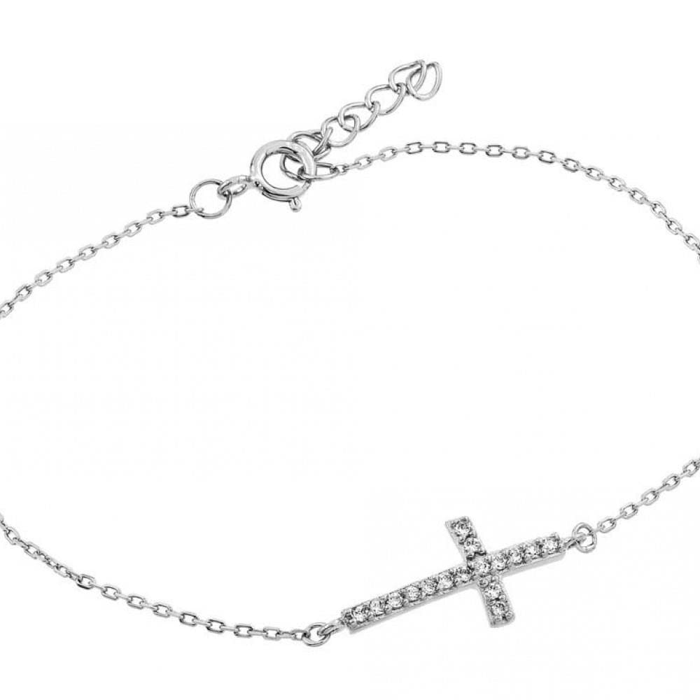 PARIKHS Rhodium Plated Sideways Cross CZ Bracelet in 925 Sterling Silver - 7-8 " Adjustable