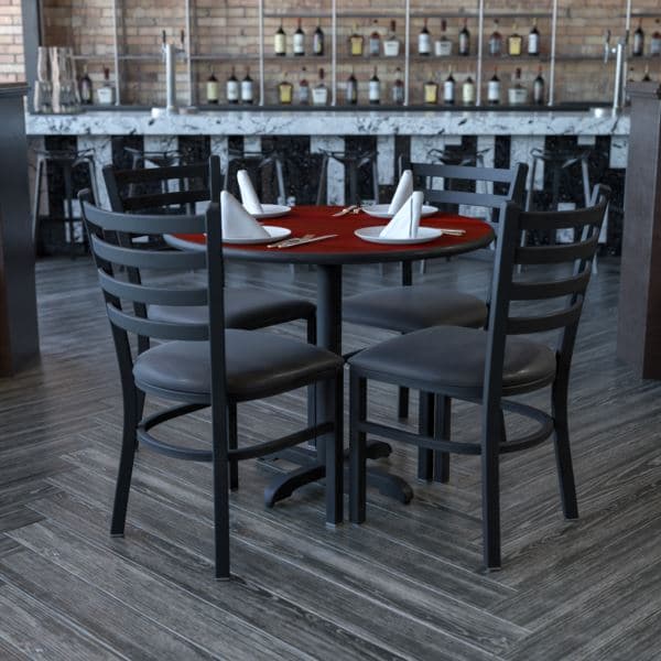 36" Round Black Laminate Table Set with X-Base and 4 Metal Vinyl Seat Chairs