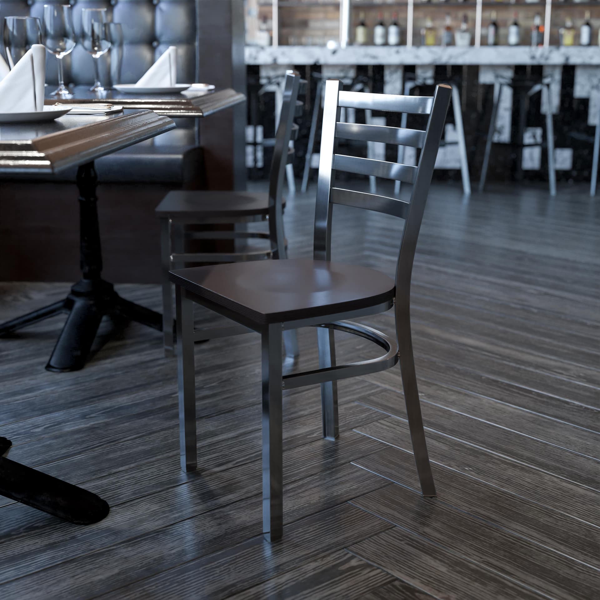 Clear Coated Ladder Back Metal Restaurant Chair - Walnut Wood Seat