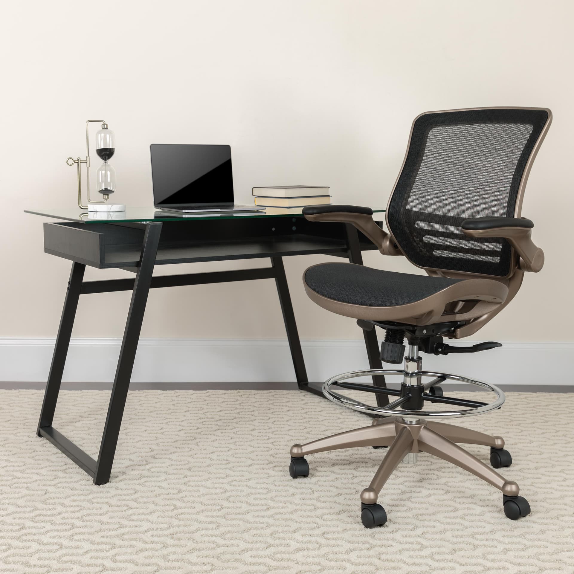 Black Mid-Back Mesh Drafting Chair with Melrose Gold Frame and Flip-Up Arms