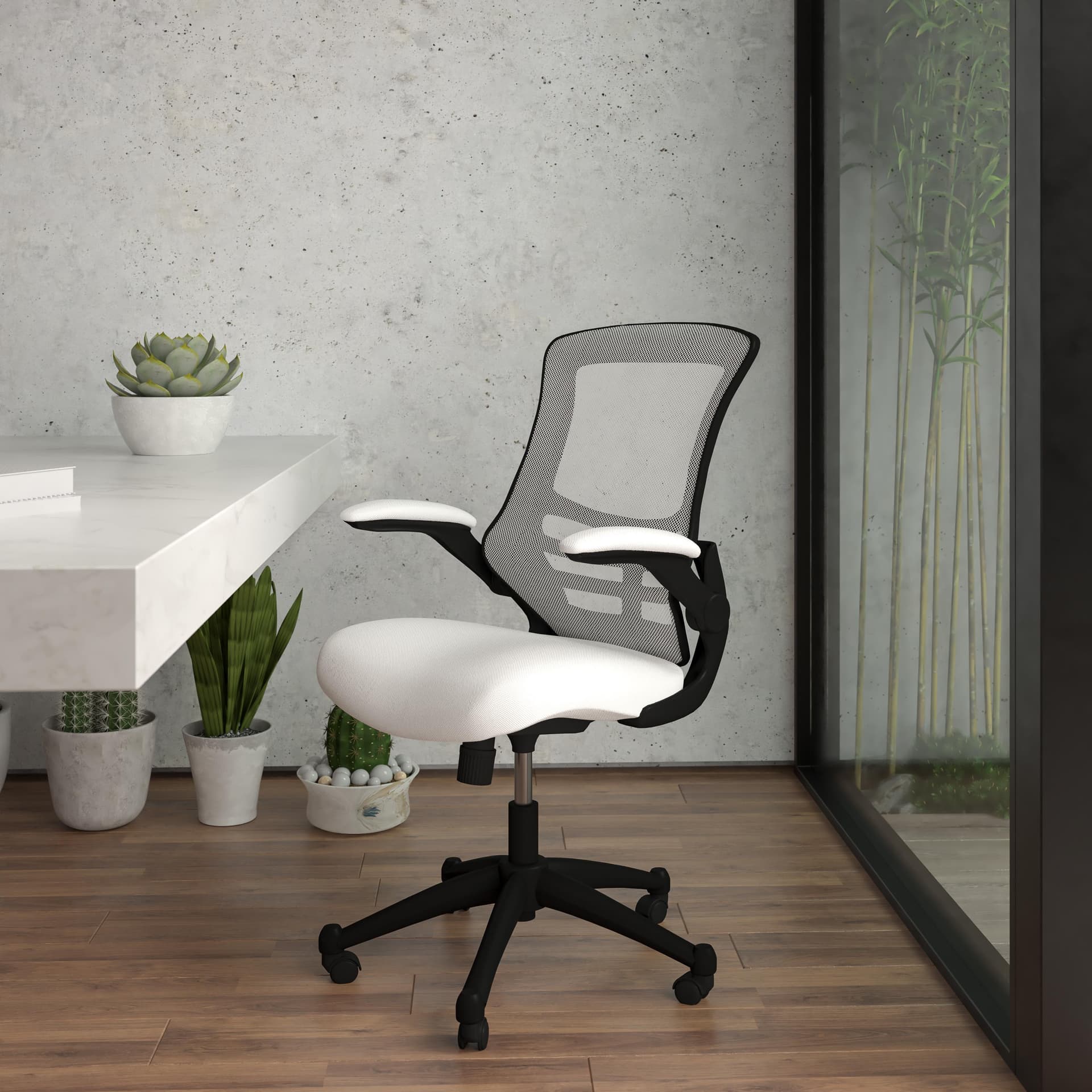 Mid-Back White Mesh Swivel Ergonomic Task Office Chair with Flip-Up Arms