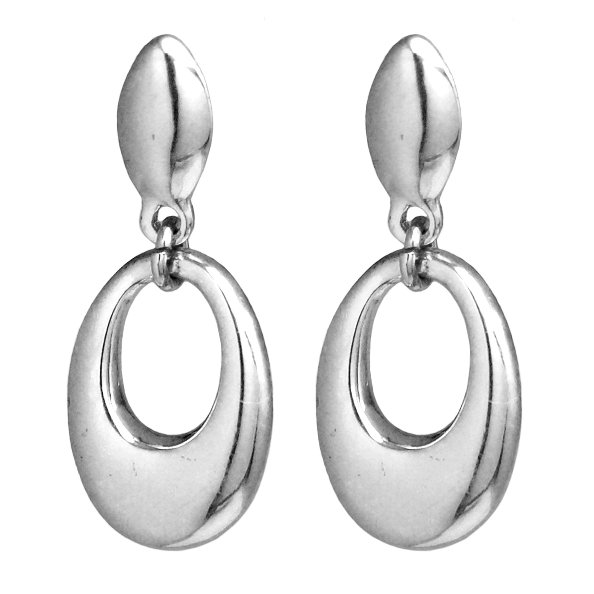 Shiny Oval Dangle Drop Earrings-Silver