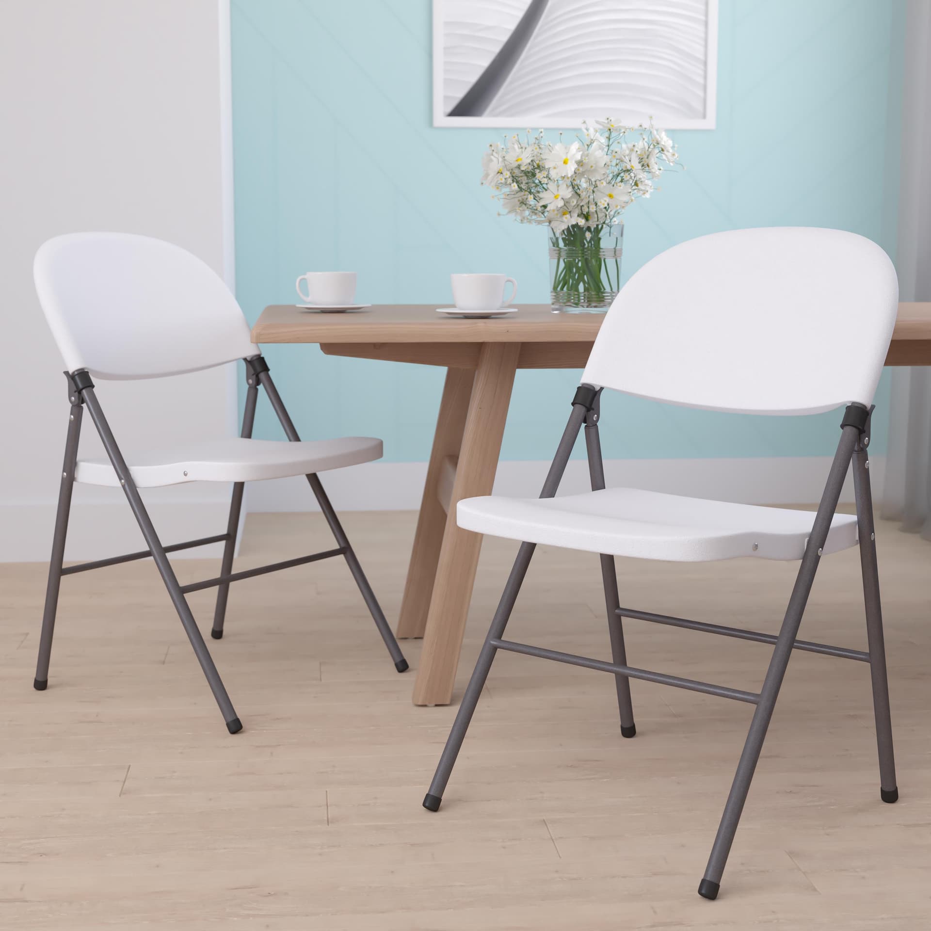 2Pack 330 lb. Capacity White Plastic Folding Chair with Gray Frame
