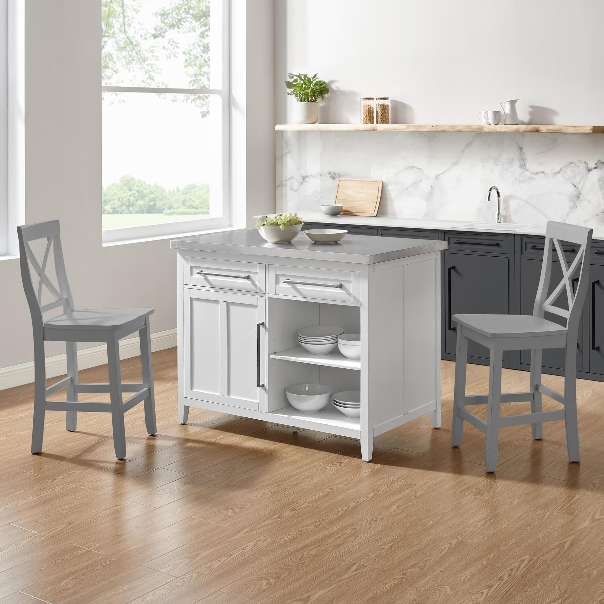 Silvia Stainless Steel Top Kitchen Island W/X-Back Stools