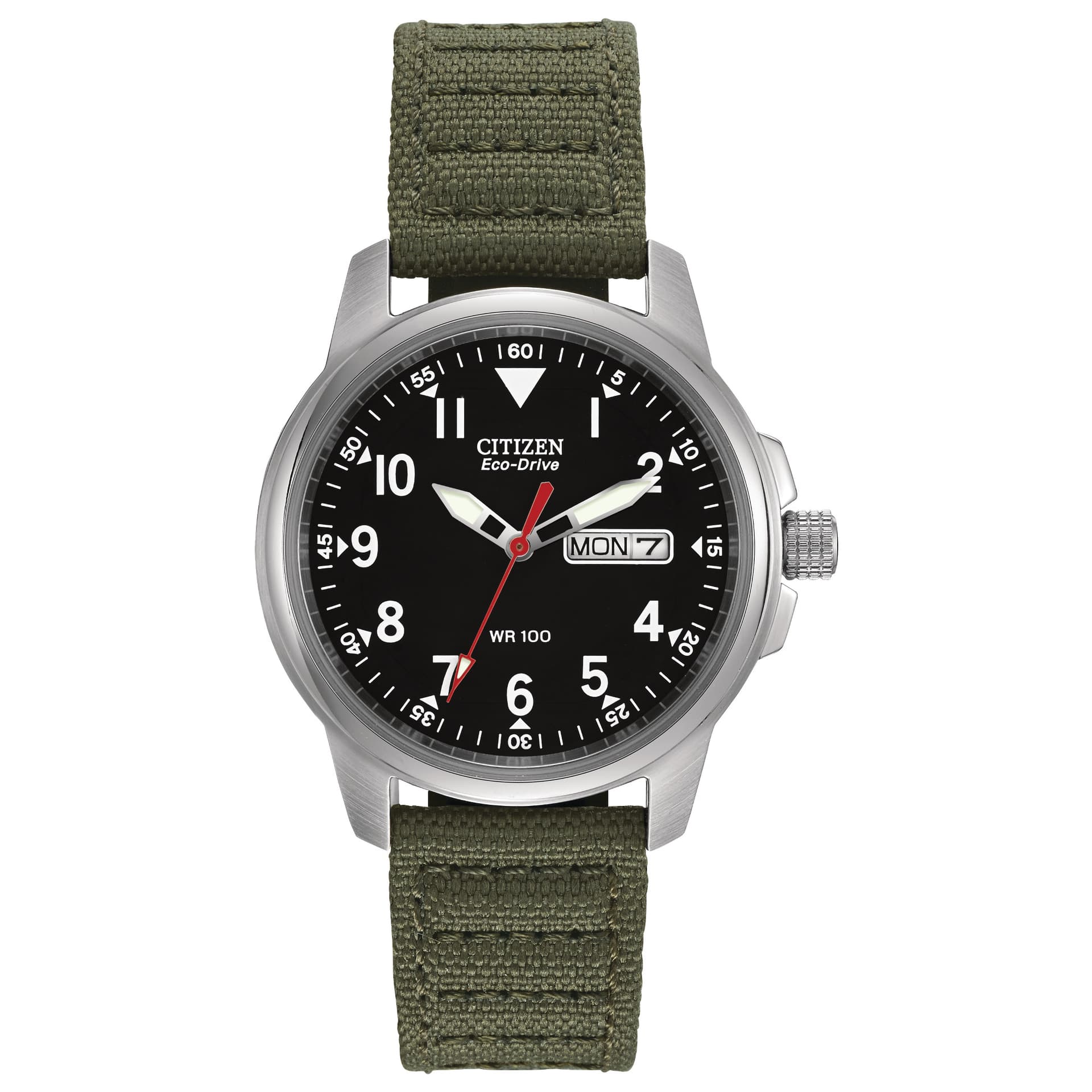 Mens Garrison Eco-Drive Green Nylon Strap Watch Black Dial