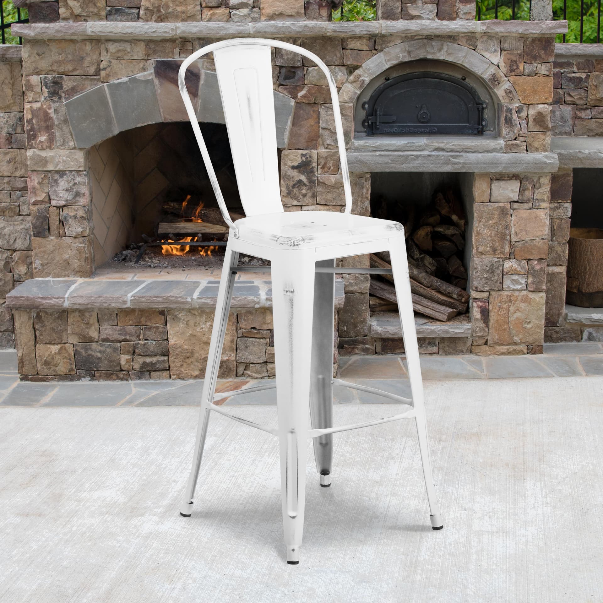 30" High Distressed White Metal Indoor-Outdoor Barstool with Back