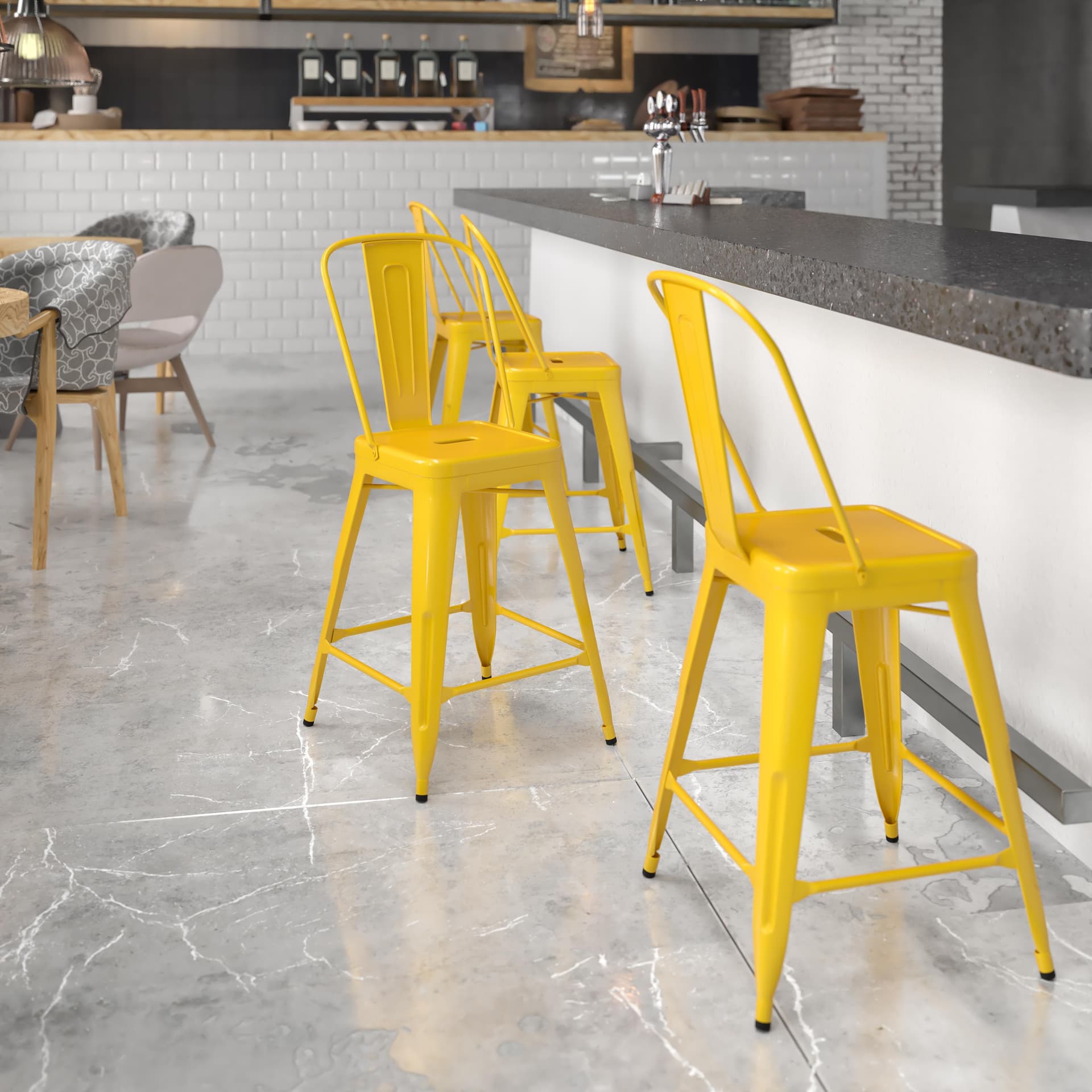 24" High Yellow Metal Indoor-Outdoor Counter Height Stool with Back