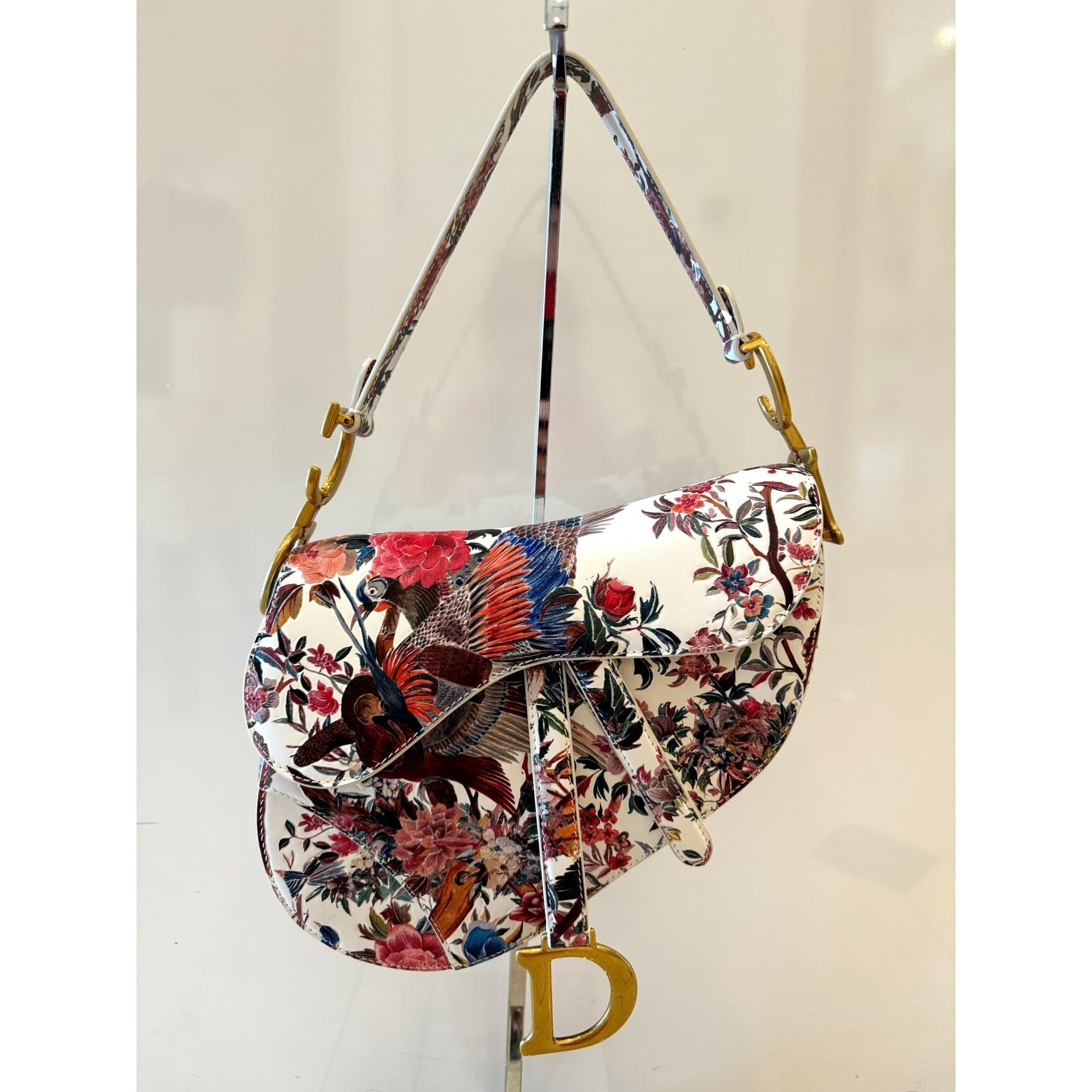 Dior Floral Bird Print Saddle Bag Leather Gold Charm Rare Crossbody
