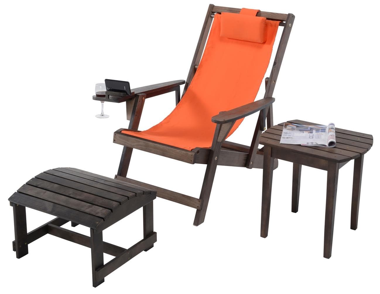Romantic Collection - Canvas Sling Chair w/Beverage Holder, Ottoman, & End Table - Dk Brown, Orange