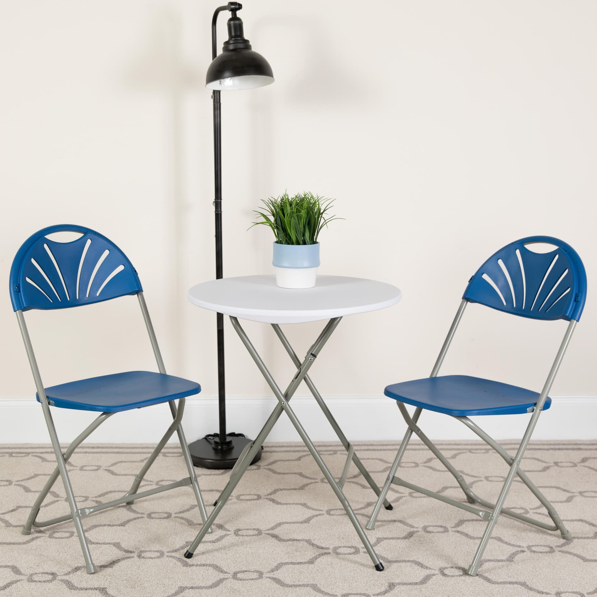 2PK 650 lb. Rated Blue Plastic Fan Back Folding Chair