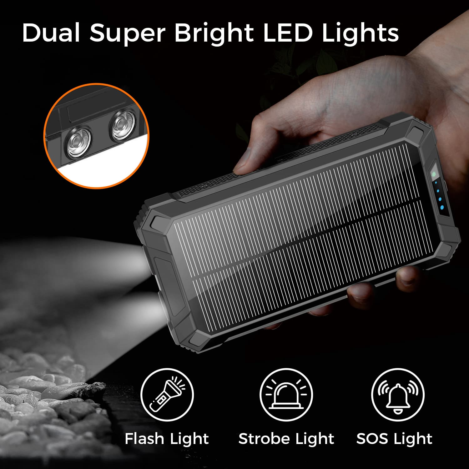 Portable Power Bank w/ Wireless Charging, Built-in 4 Cables, Solar Panel, 20000mAh Battery, IP65 Waterproof, Dustproof, Dual LED Flashlight, Great for iPhone, Samsung, Smart Phones