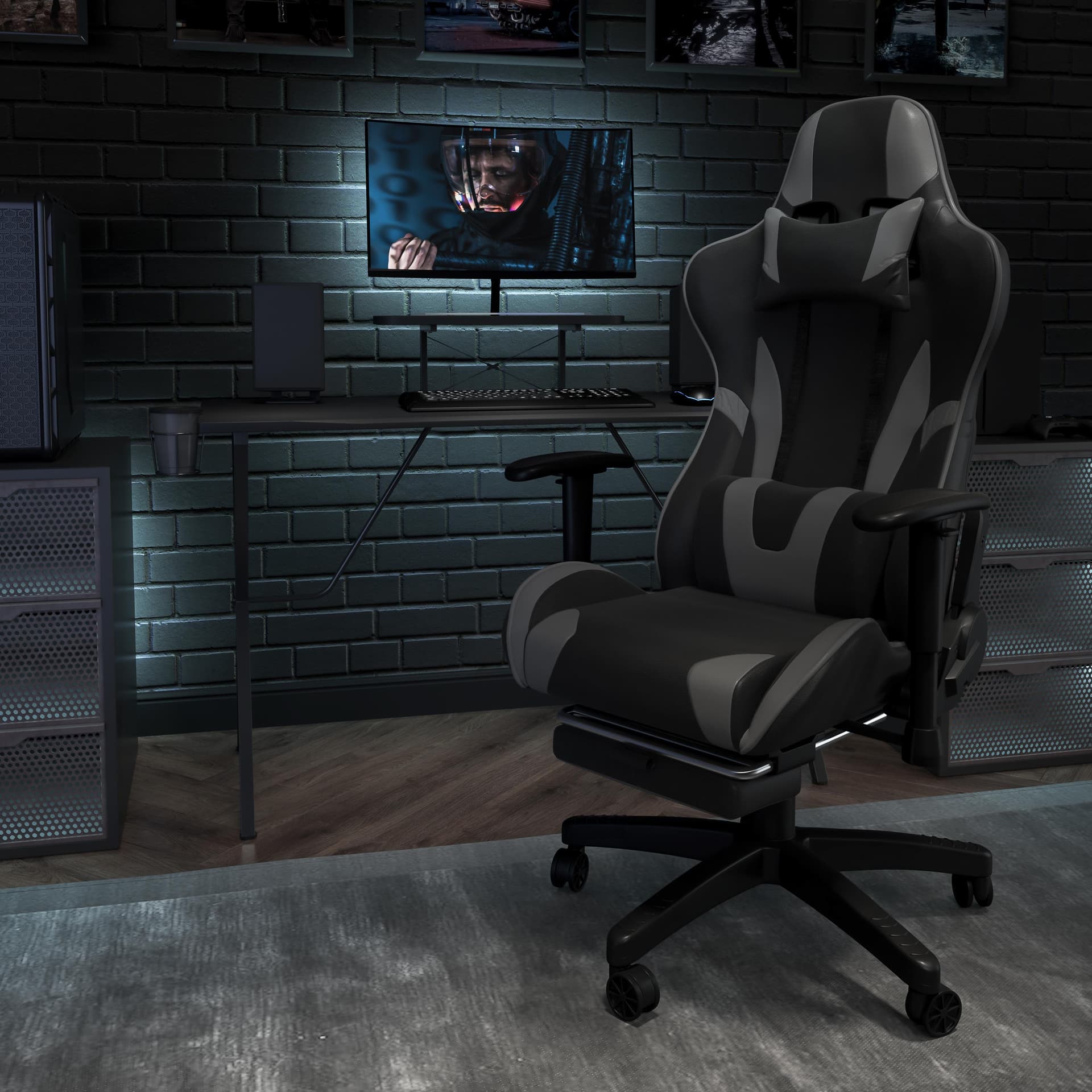 Racing Gaming Ergonomic Chair with Fully Reclining Back in Gray LeatherSoft
