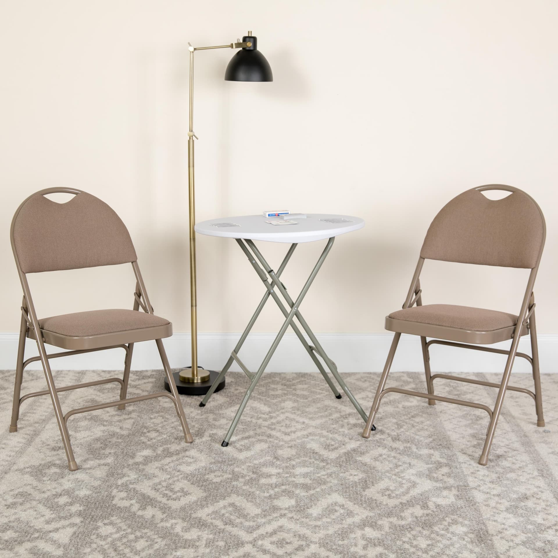 2Pack Ultra-Premium Triple Braced Beige Fabric Folding Chair - Easy-Carry Handle