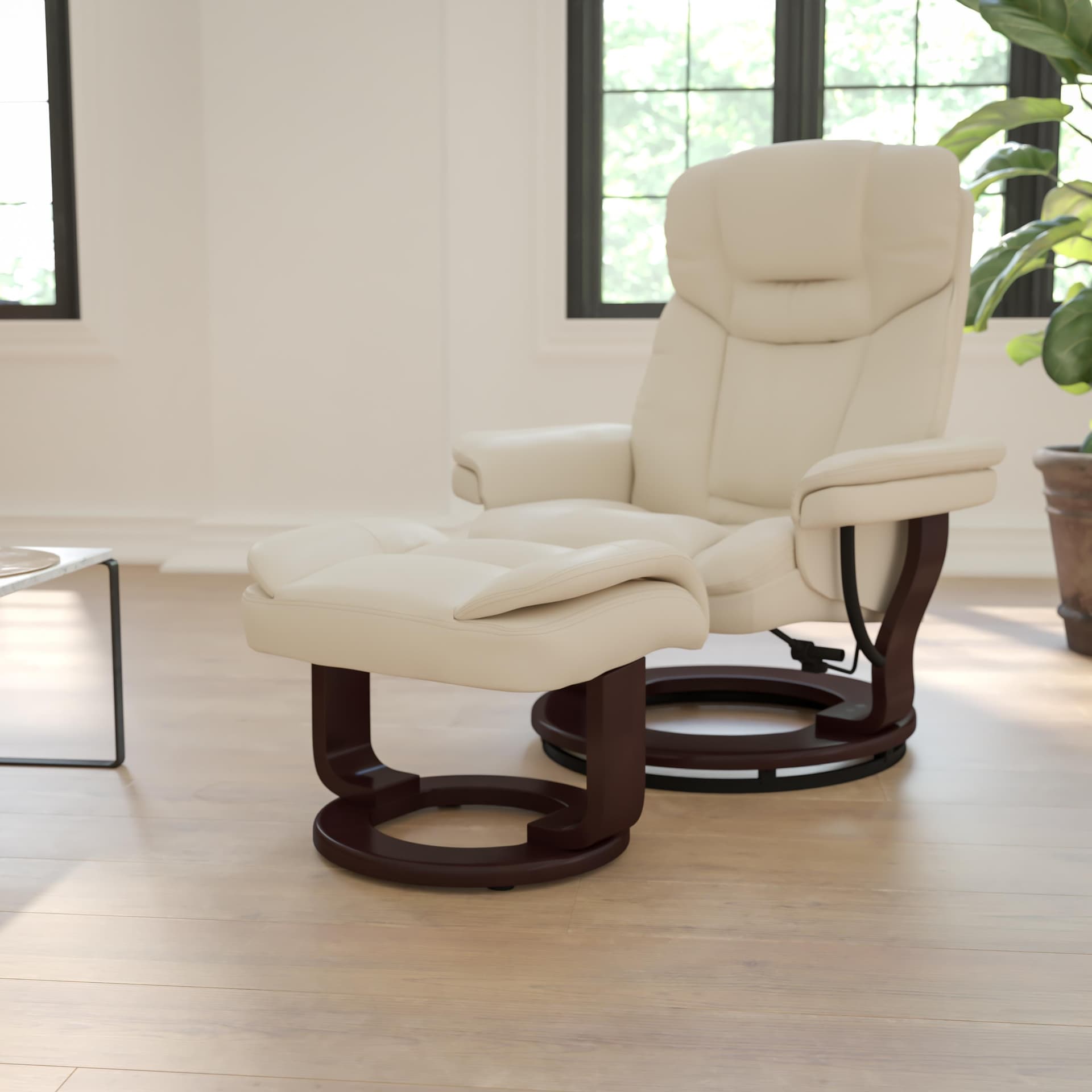Beige LeatherSoft Multi-Position Recliner &Curved Ottoman w/Mahogany Wood Base