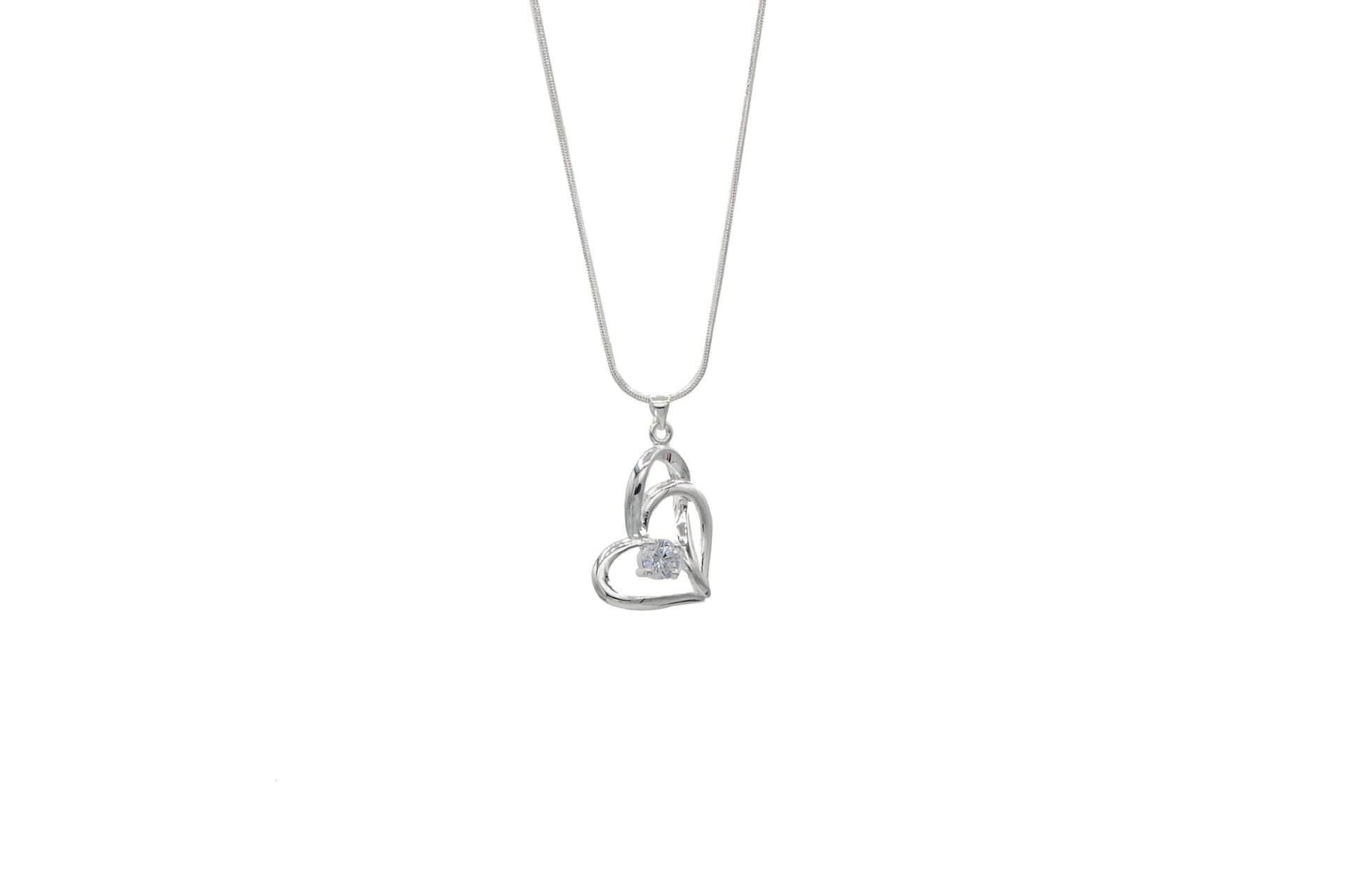Silver Plate Double Heart with 1.25 CT CZ Stone Necklace