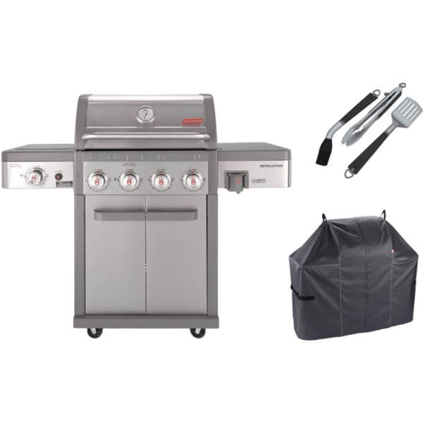 Revolution Grilling Kit with 4-Burner Propane Gas BBQ Grill, Heavy-Duty Cover, and 3-Piece Tool Set