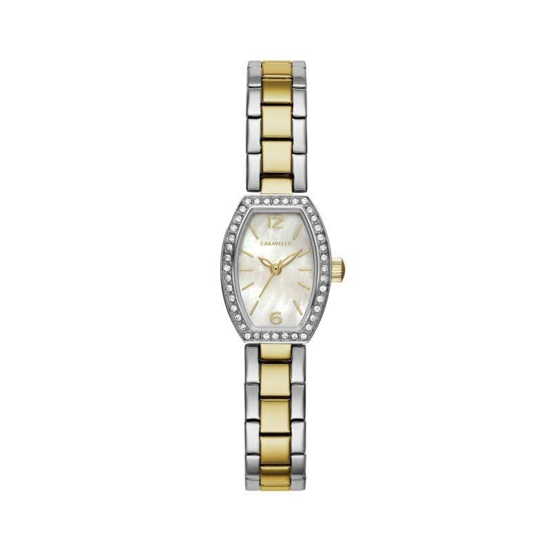 Ladies Two-Tone Stainless Steel Crystal Accent Watch with Tonneau Mother-of-Pearl Dial