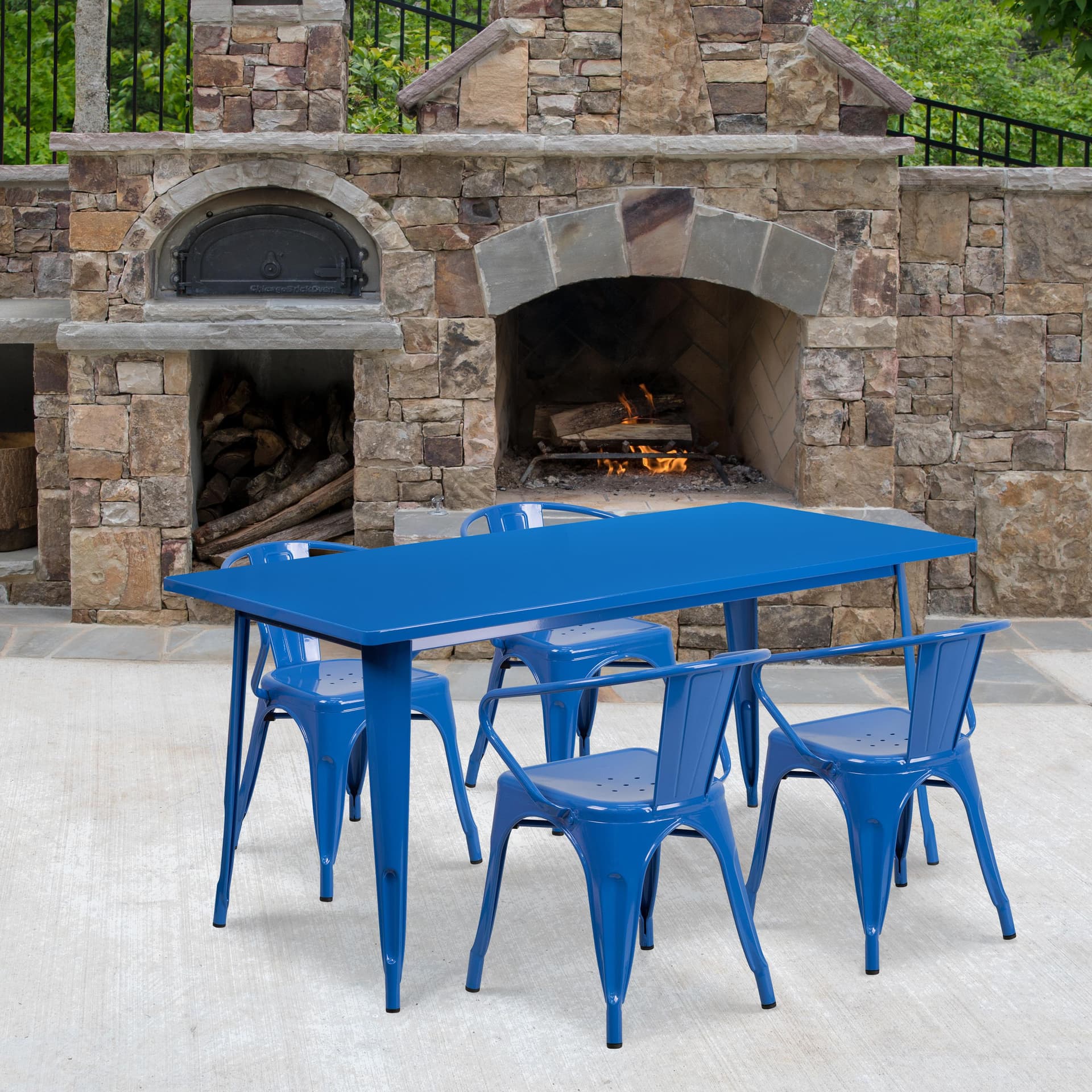 31.5" x 63" Rectangular Blue Metal Indoor-Outdoor Table Set with 4 Arm Chairs