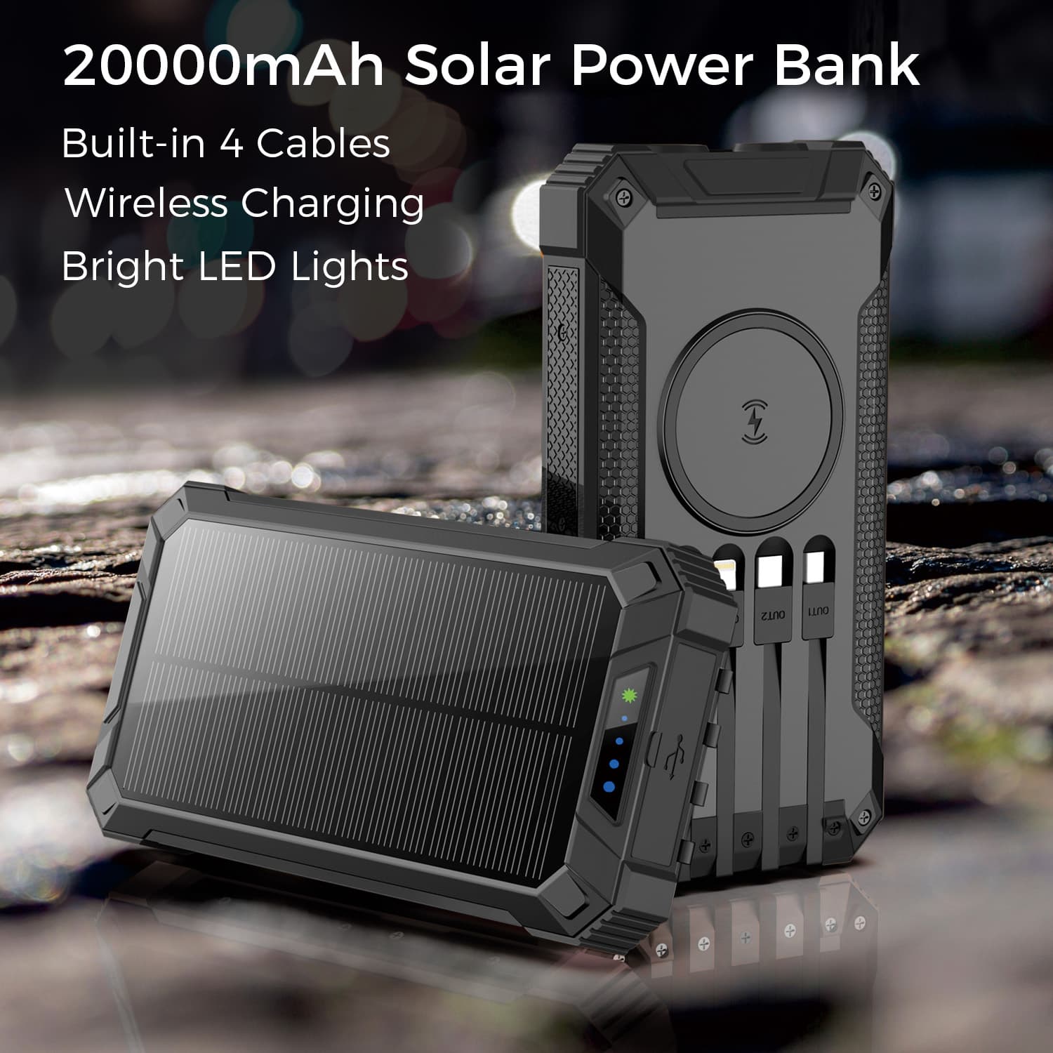 Portable Power Bank w/ Wireless Charging, Built-in 4 Cables, Solar Panel, 20000mAh Battery, IP65 Waterproof, Dustproof, Dual LED Flashlight, Great for iPhone, Samsung, Smart Phones