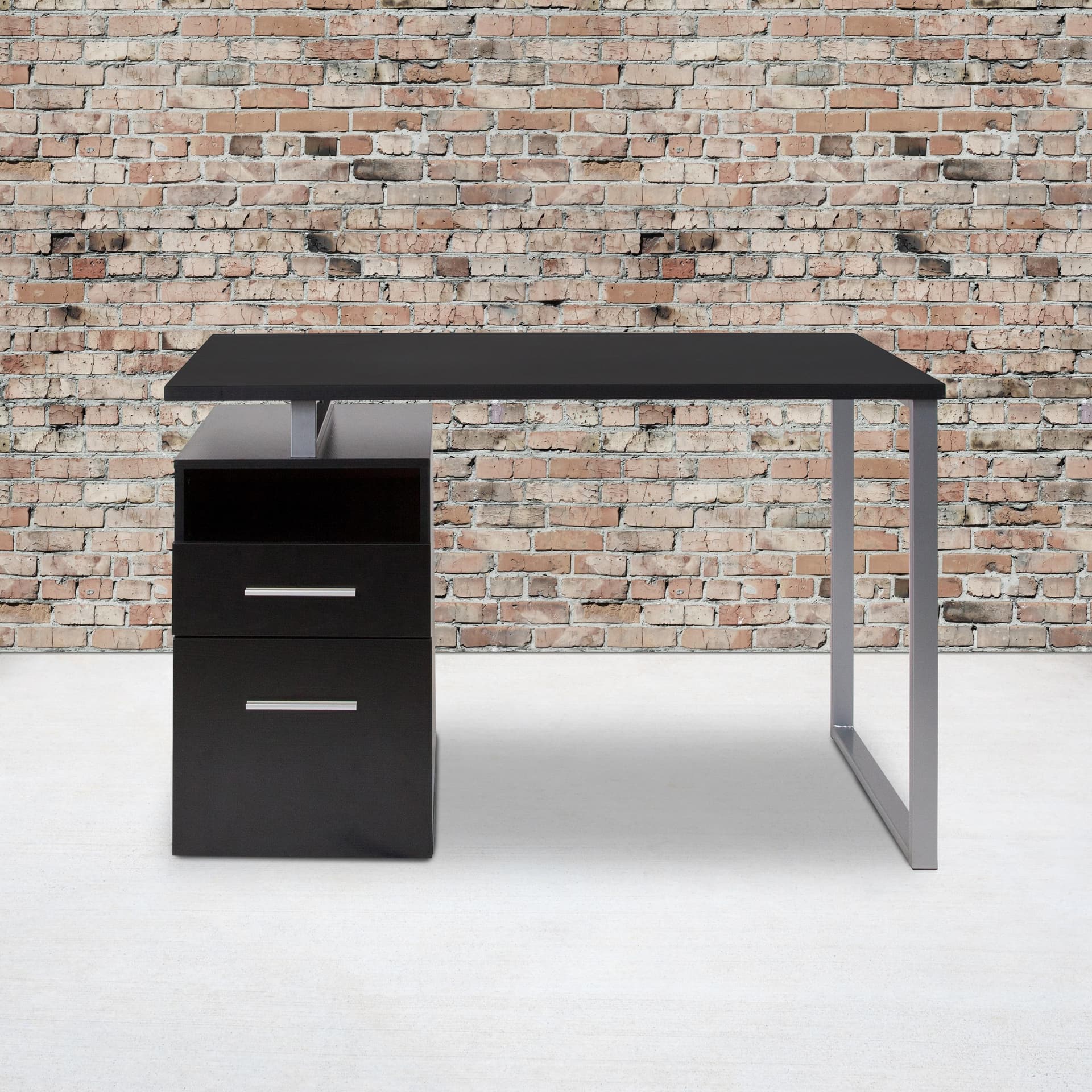 Dk Ash Wood Grain Finish Computer Desk with Two Drawers and Silver Metal Frame