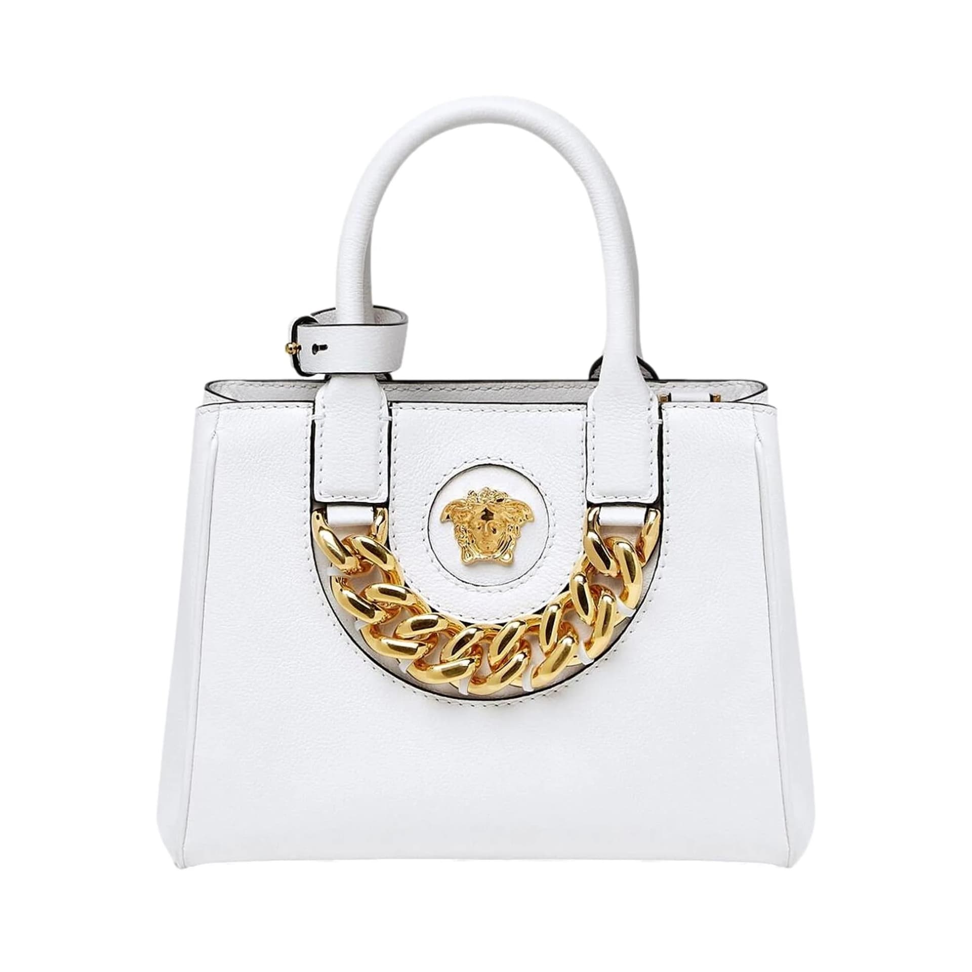 Versace La Medusa White Leather Small Crossbody Tote Bag Gold Plaque Chain