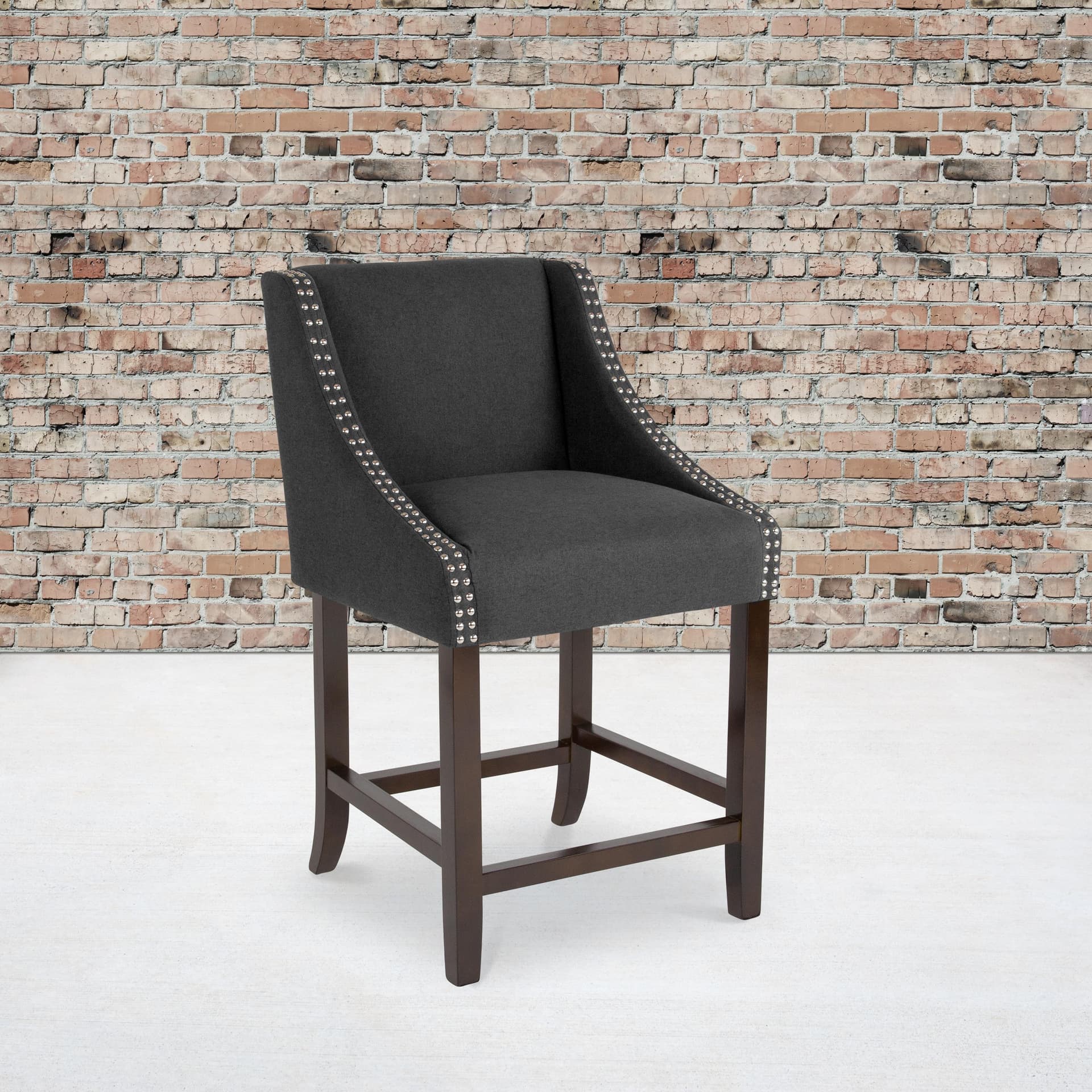 24"H Walnut Counter Stool with Accent Nail Trim - Charcoal Fabric