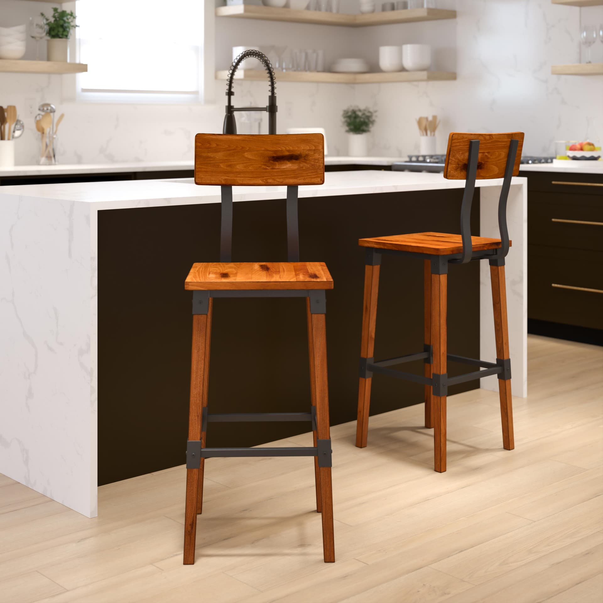 2 Pack Commercial Grade Rustic Walnut Wood Dining Barstool