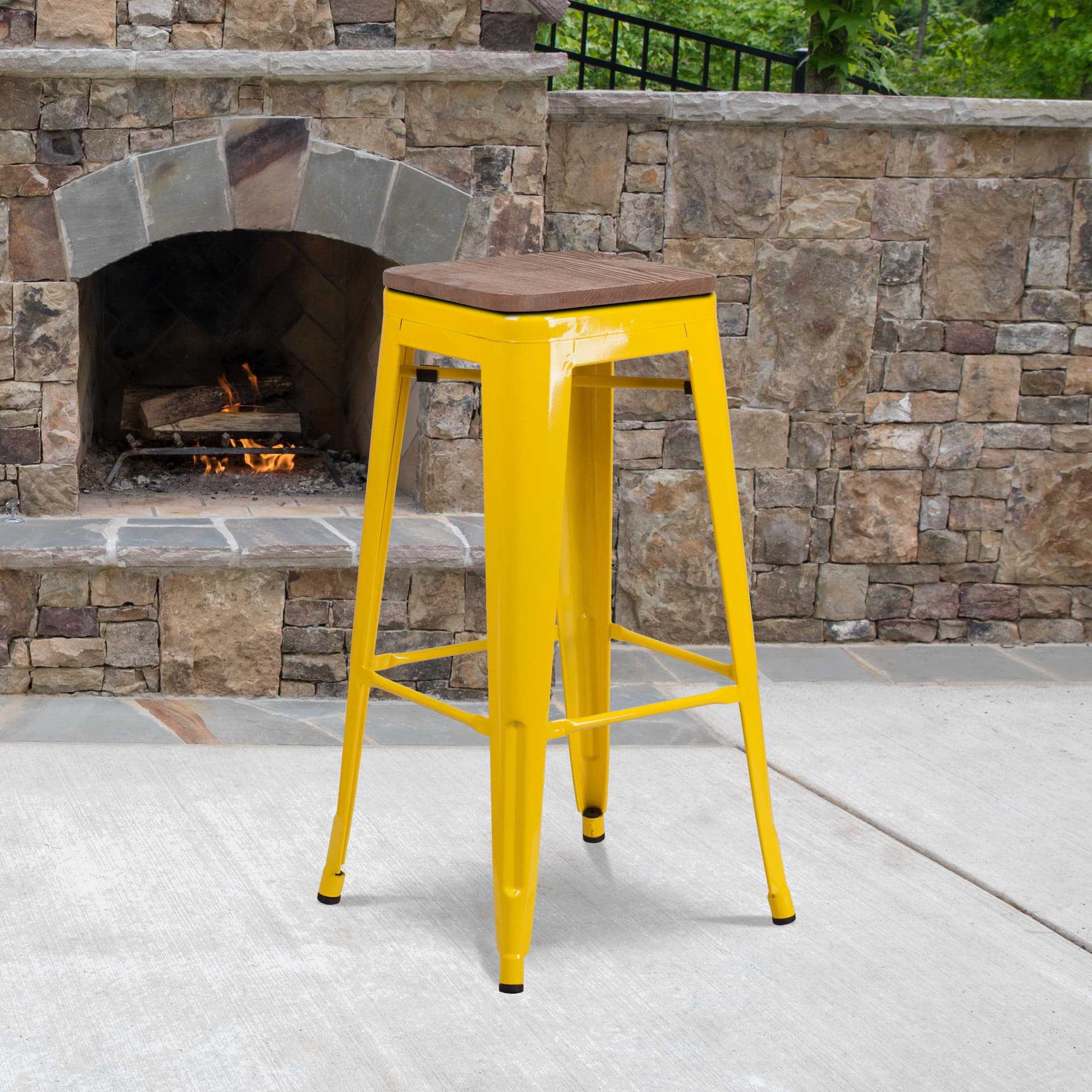 30" High Backless Yellow Metal Barstool w/ Square Wood Seat - Kitchen Furniture