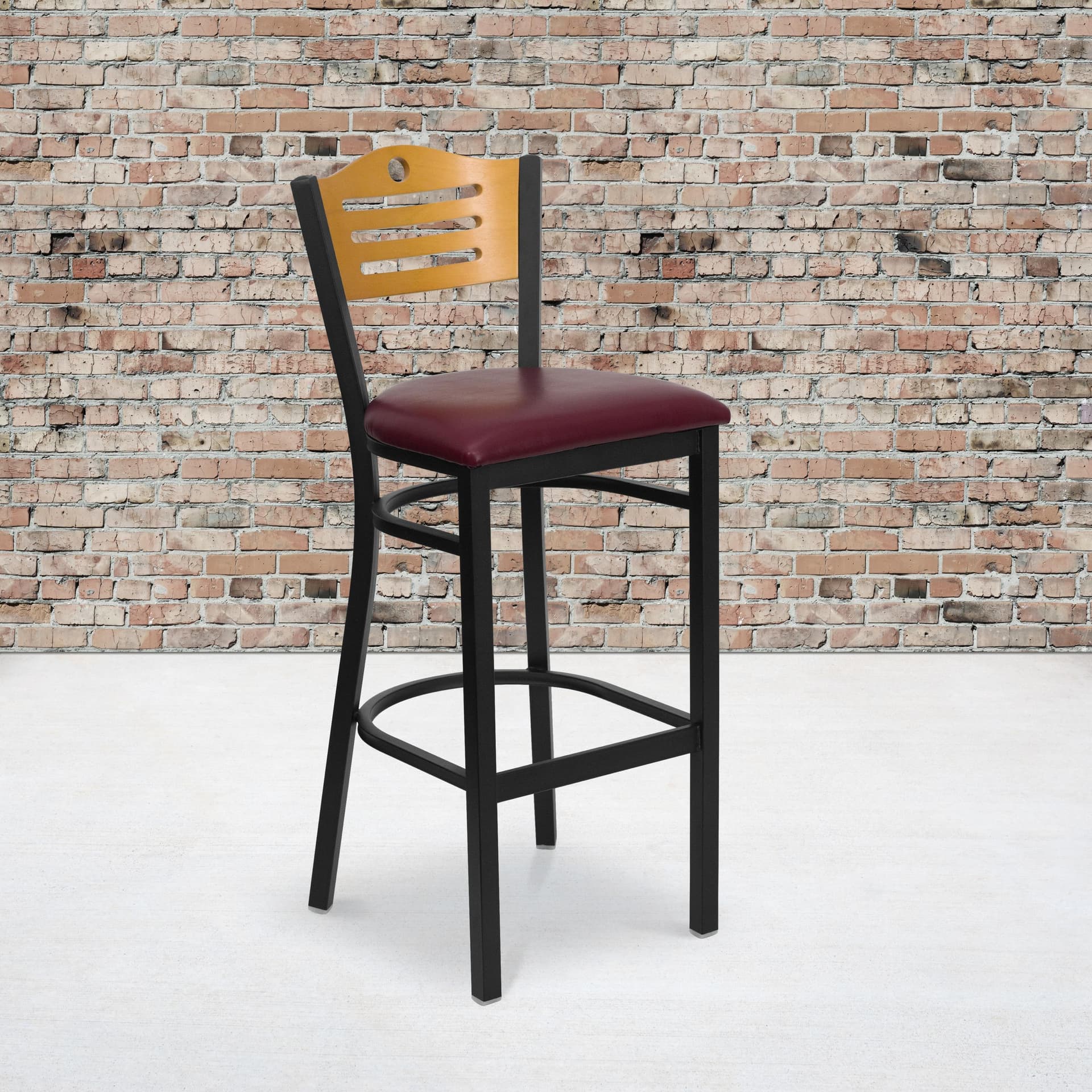 Black Slat Back Metal Restaurant Barstool - Natural Wood Back, Burg Vinyl Seat