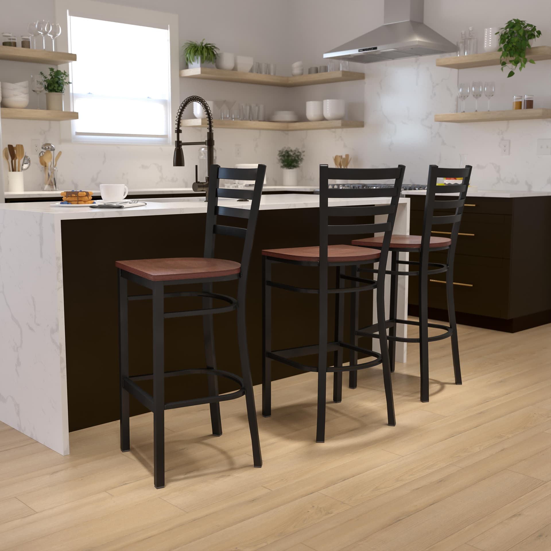 Black Ladder Back Metal Restaurant Barstool - Cherry Wood Seat